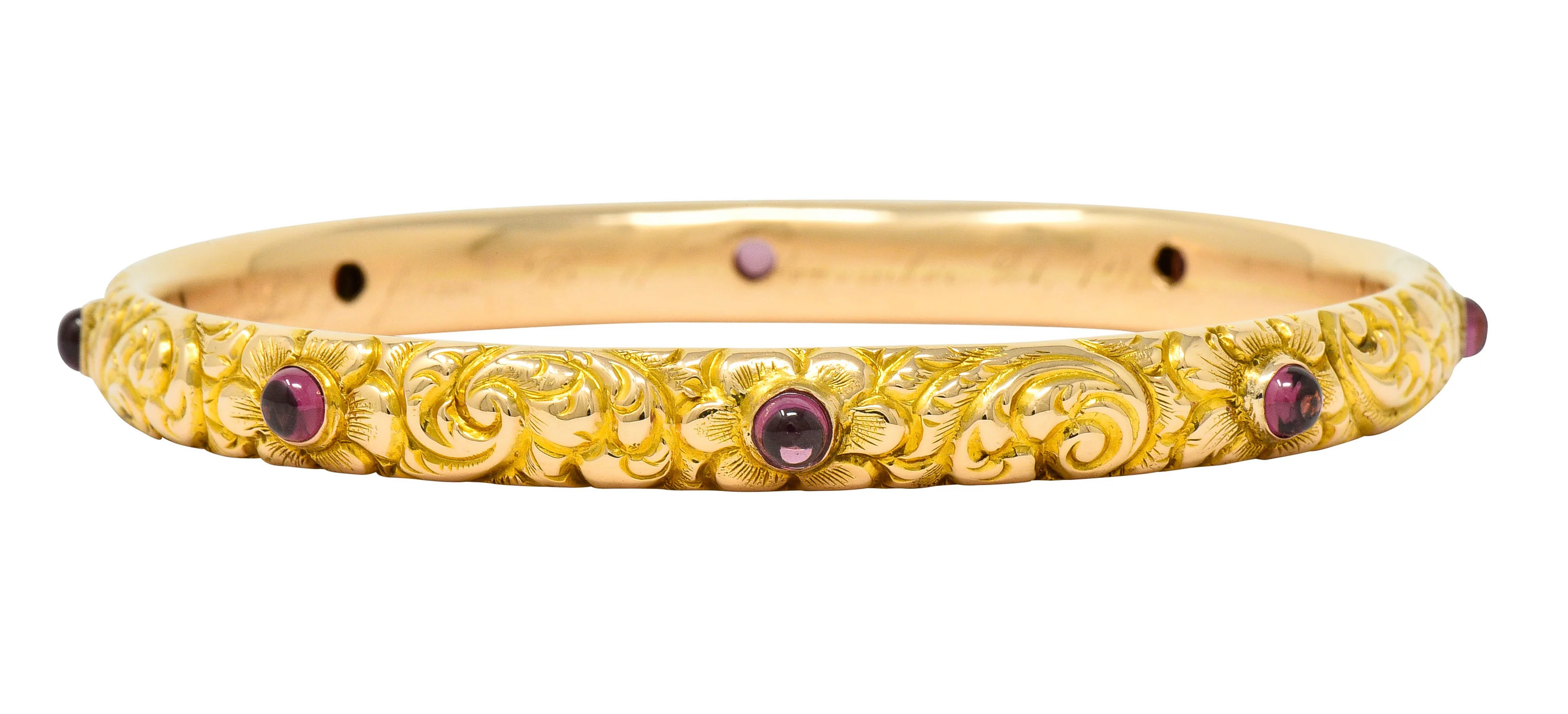 1900's Victorian Garnet Cabochon 14 Karat Gold Floral Foliate Bangle Bracelet - Image 2