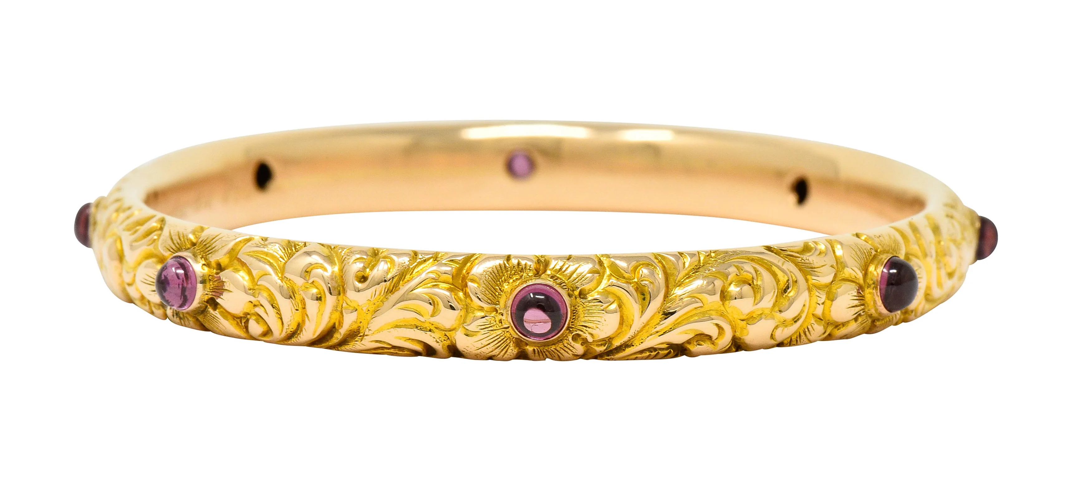 1900's Victorian Garnet Cabochon 14 Karat Gold Floral Foliate Bangle Bracelet - Image 3