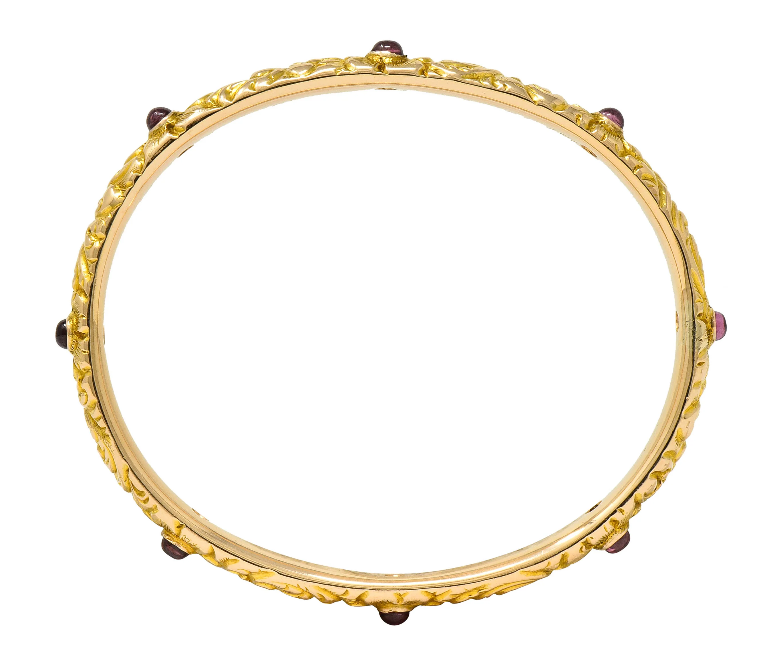 1900's Victorian Garnet Cabochon 14 Karat Gold Floral Foliate Bangle Bracelet - Image 4