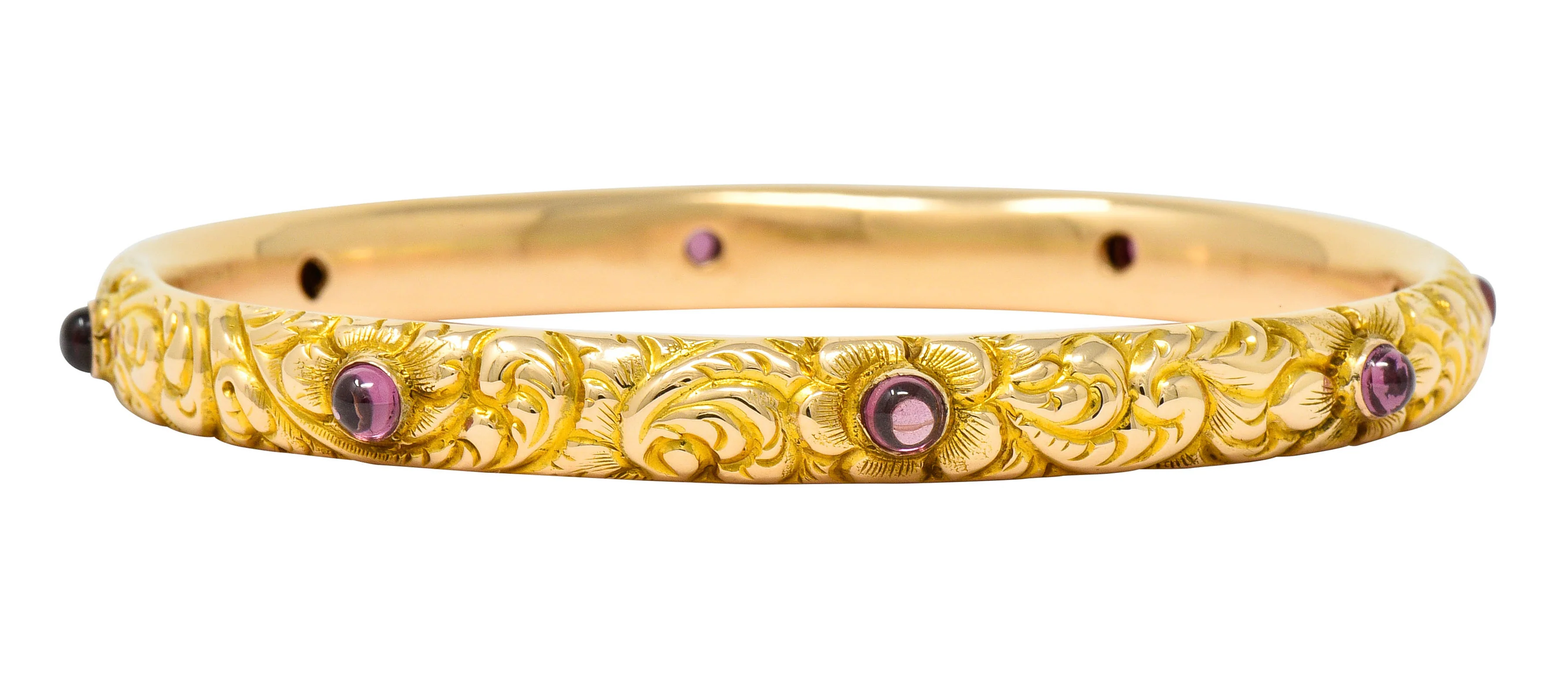 1900's Victorian Garnet Cabochon 14 Karat Gold Floral Foliate Bangle Bracelet - Image 5