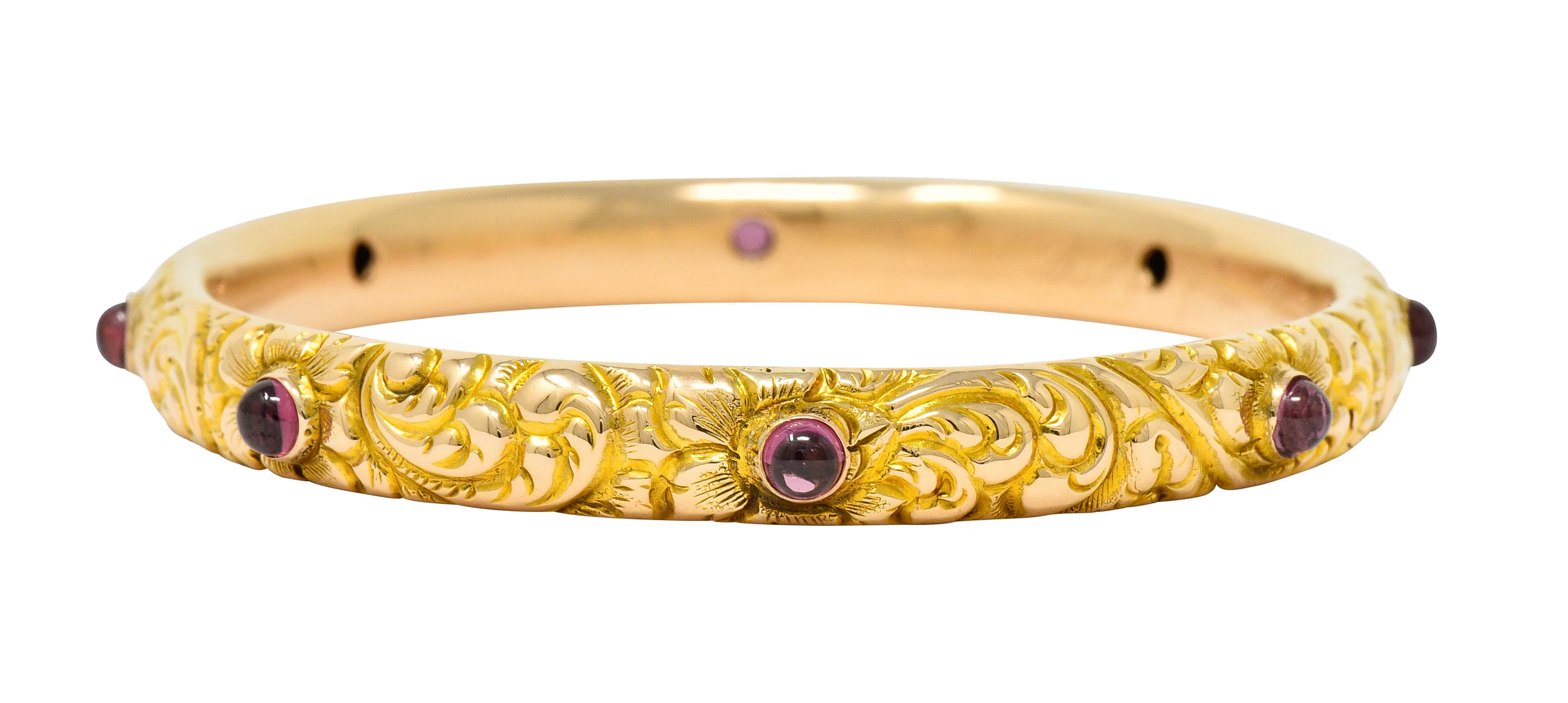 1900's Victorian Garnet Cabochon 14 Karat Gold Floral Foliate Bangle Bracelet - Image 6