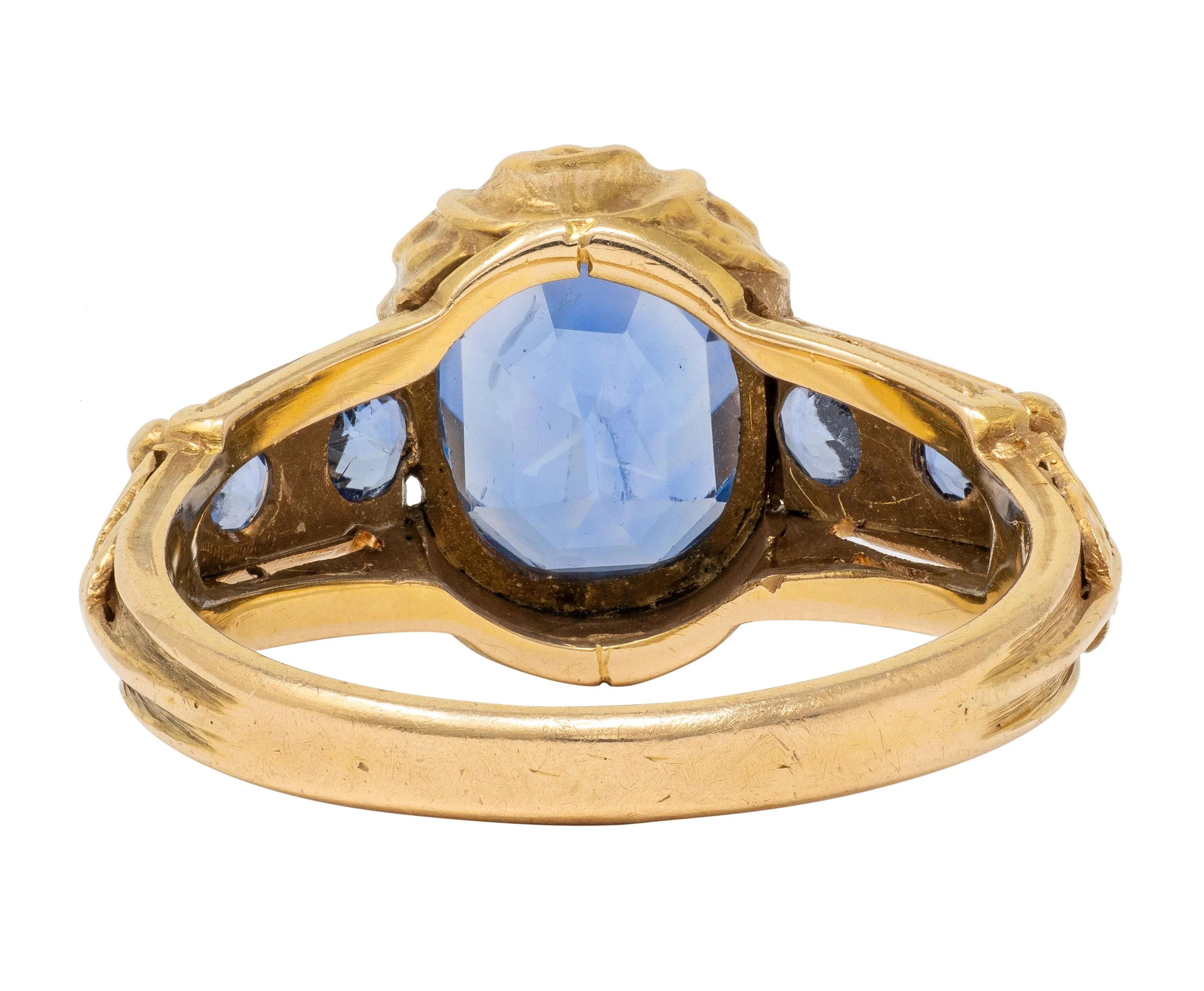 1905 Art Nouveau 3.54 CTW Sapphire 14 Karat Yellow Gold Antique Flower Ring - Image 4