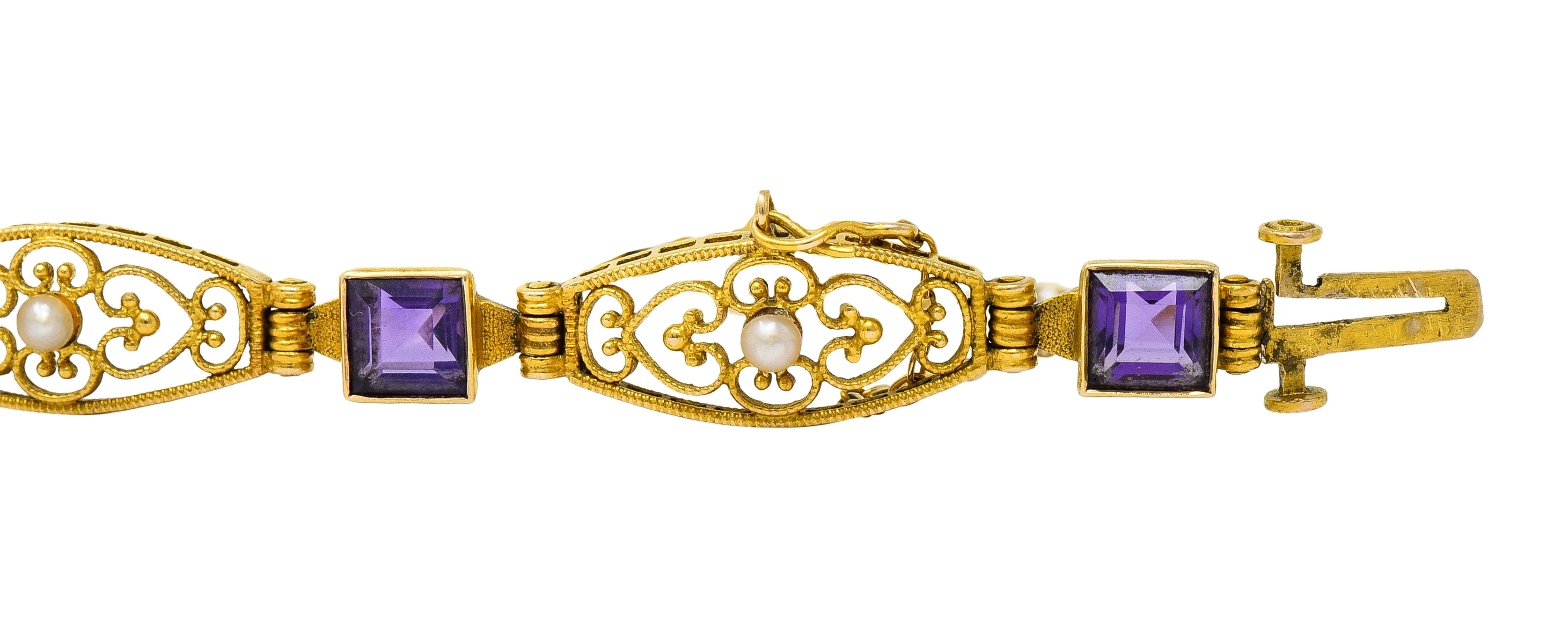 1905 Art Nouveau Amethyst Pearl 14 Karat Gold Link Bracelet - Image 6