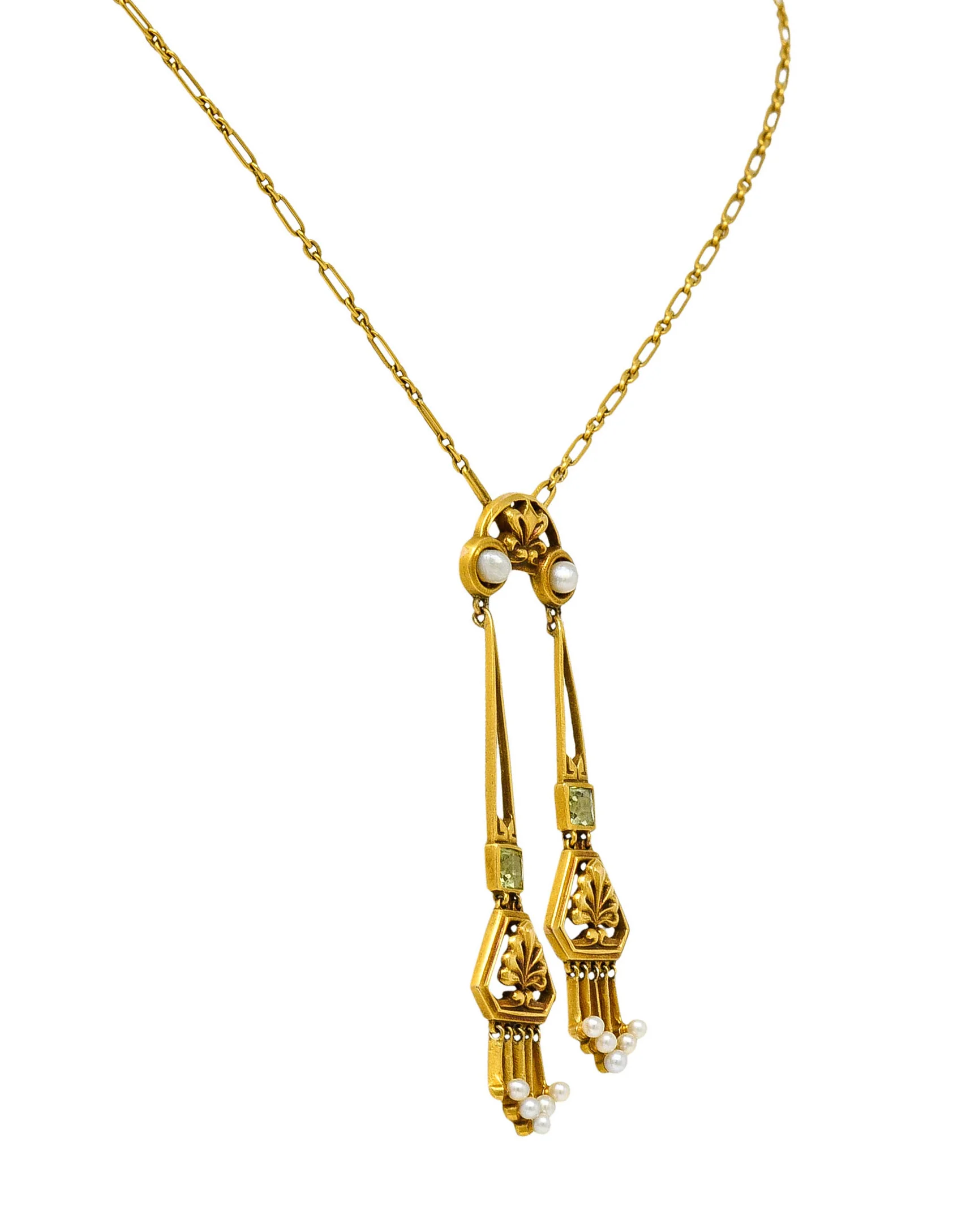 1905 Art Nouveau Peridot Pearl 14 Karat Gold Negligee Lariat Necklace - Image 3