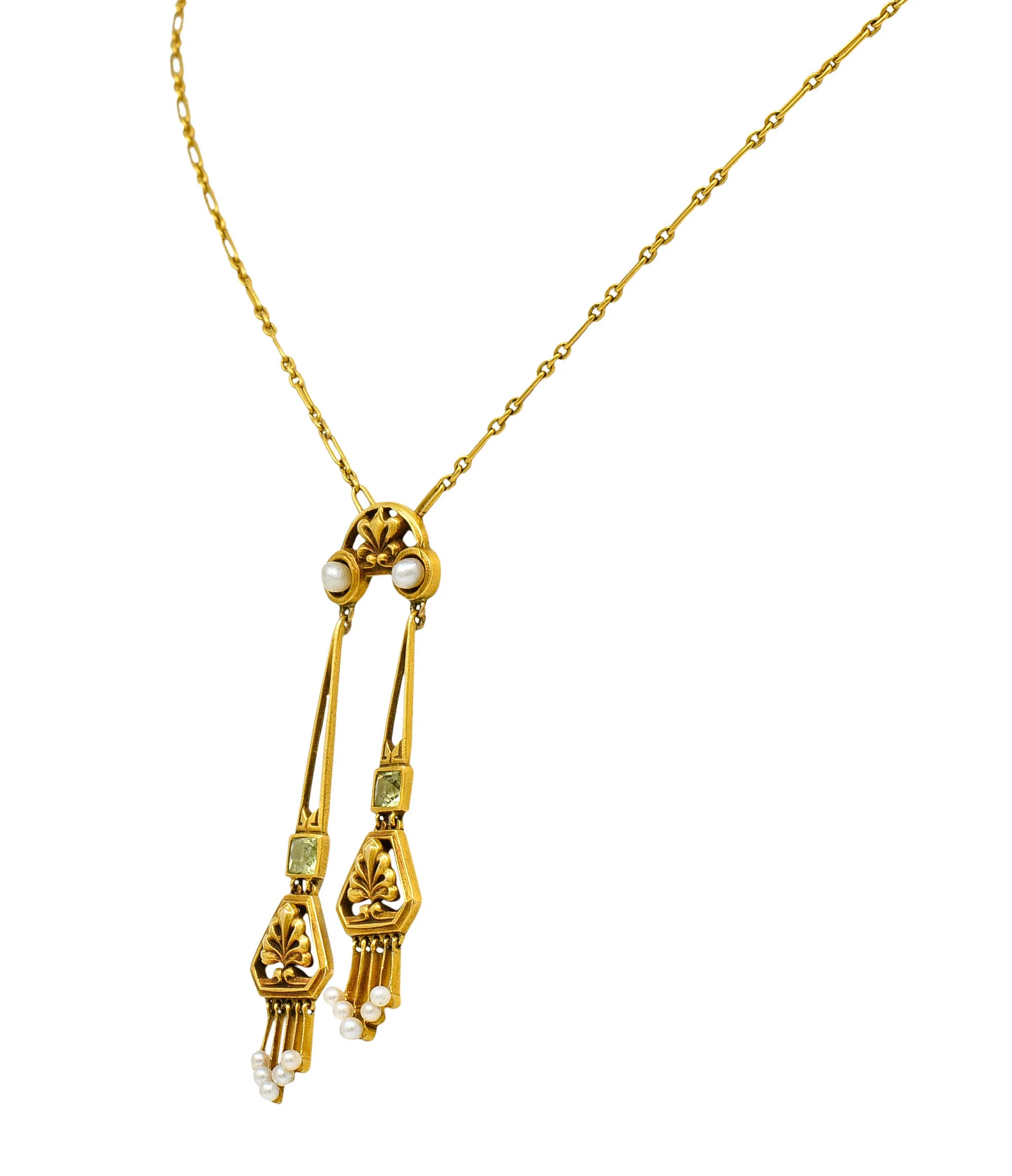 1905 Art Nouveau Peridot Pearl 14 Karat Gold Negligee Lariat Necklace - Image 5