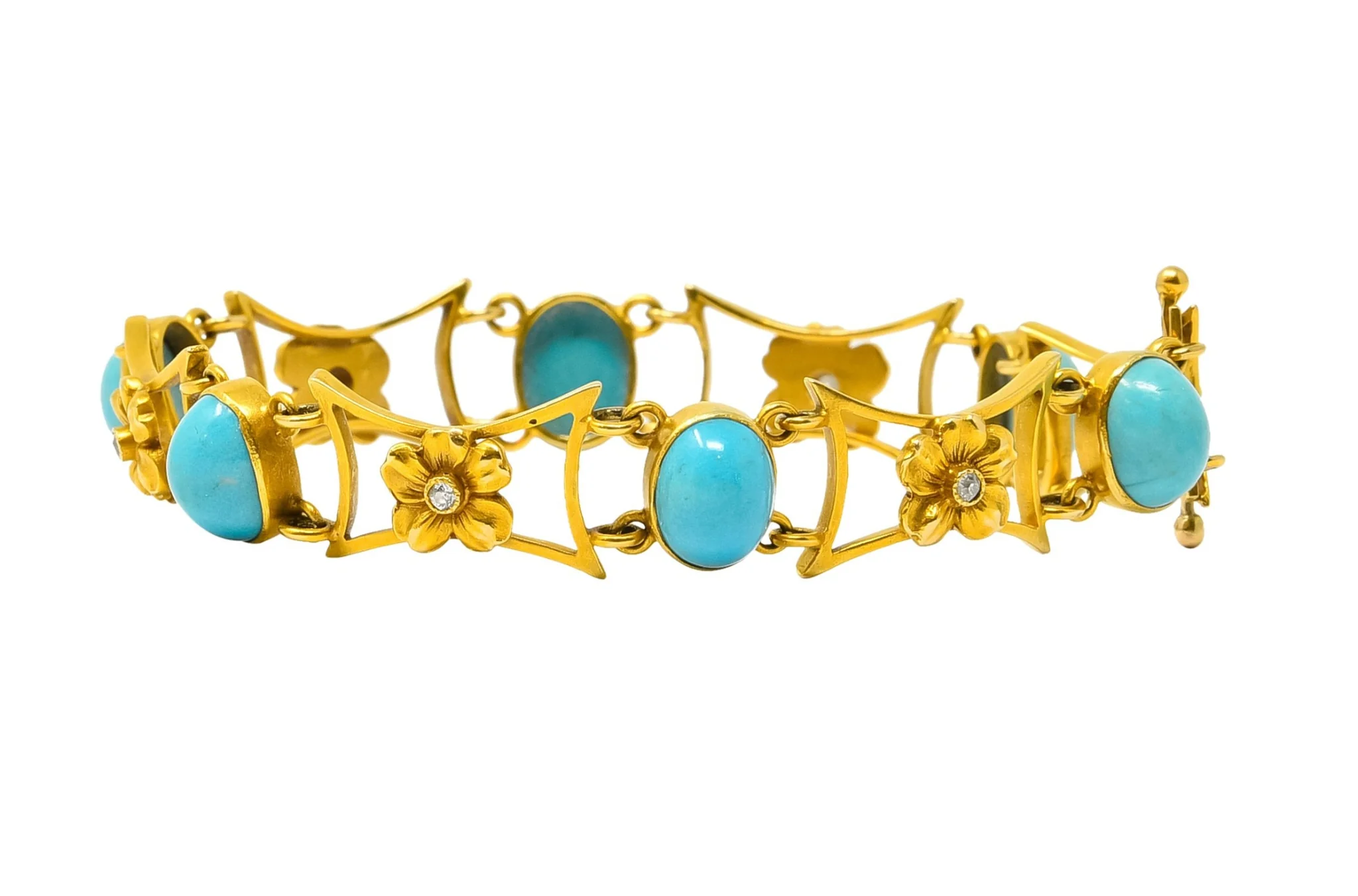 1905 Victorian Turquoise Diamond 14 Karat Yellow Gold Floral Link Bracelet - Image 10