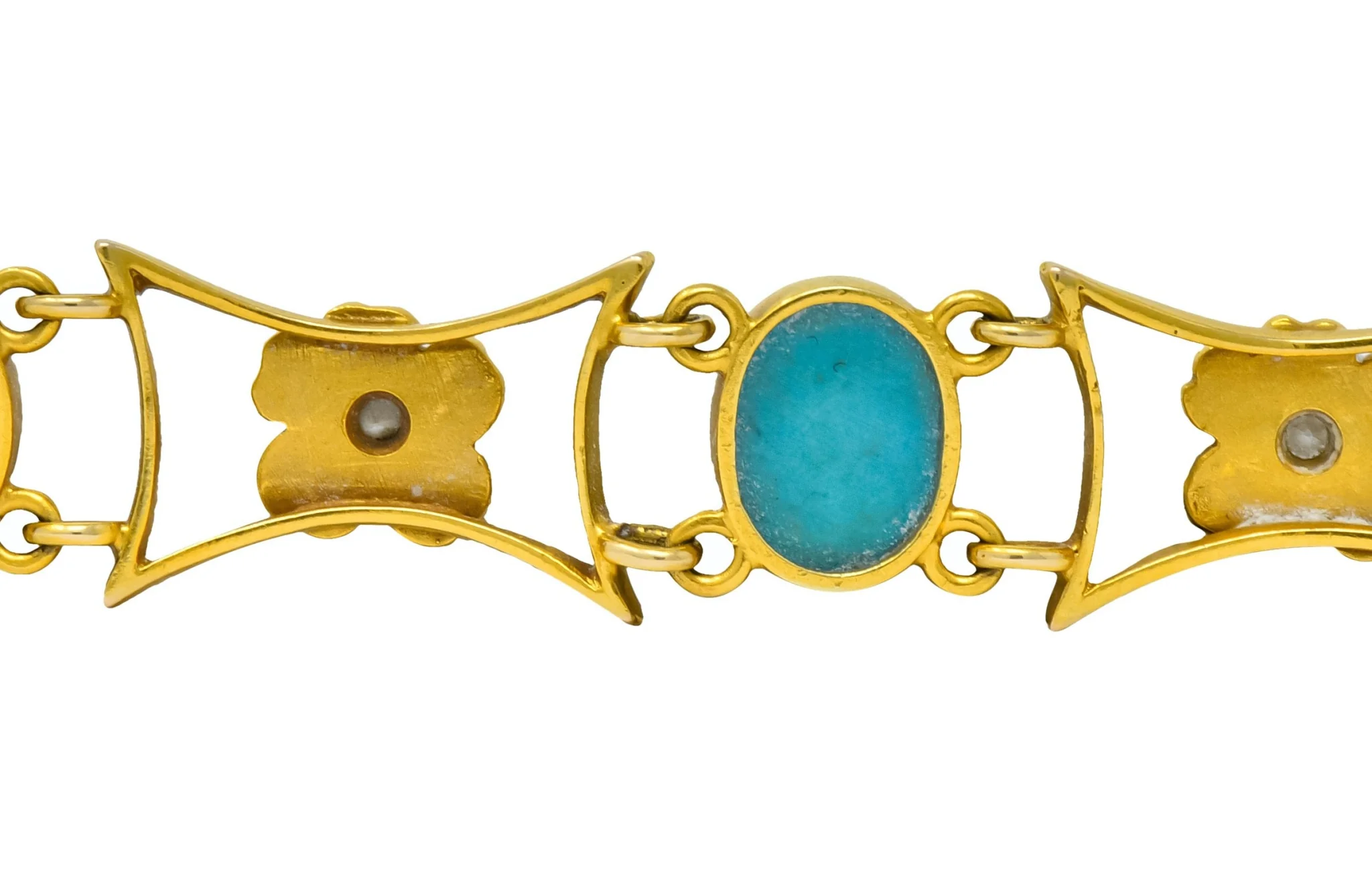 1905 Victorian Turquoise Diamond 14 Karat Yellow Gold Floral Link Bracelet - Image 7
