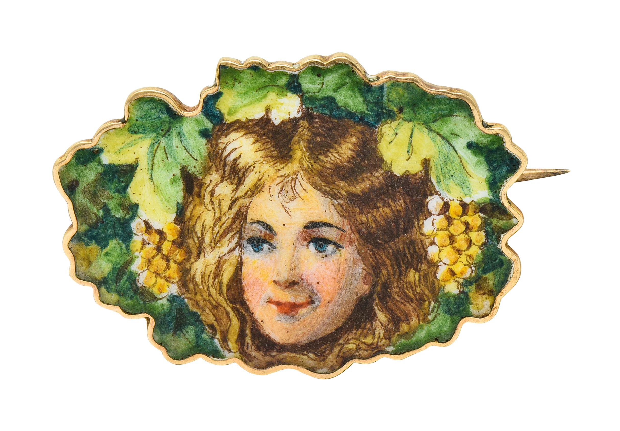 1906 Gorham Manufacturing Art Nouveau Enamel 14 Karat Gold Foliate Comus Brooch - Image 4