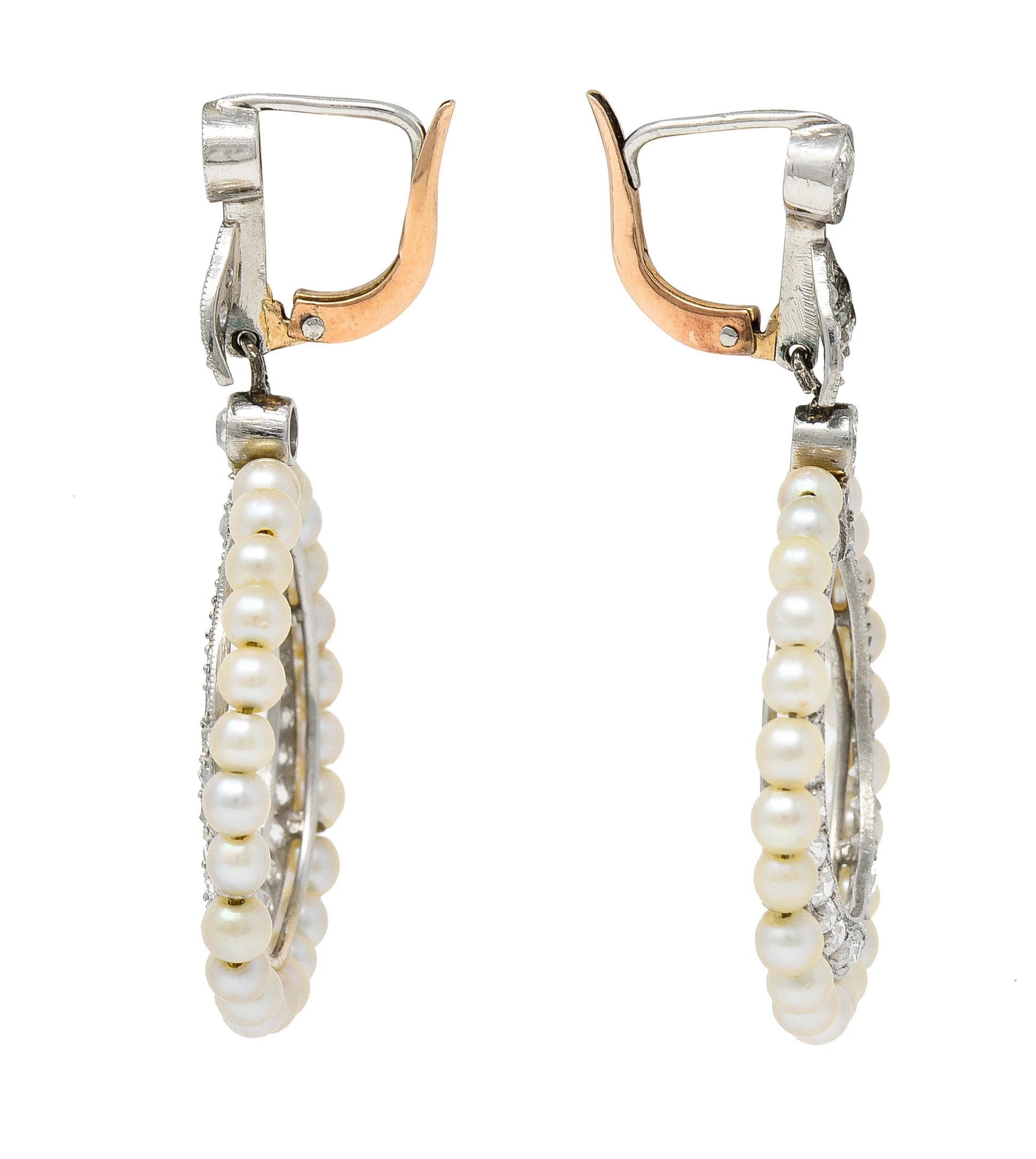 1910 Edwardian Antique Pearl 1.50 CTW Diamond Platinum 14 Karat Gold Leverback Drop Earrings - Image 2