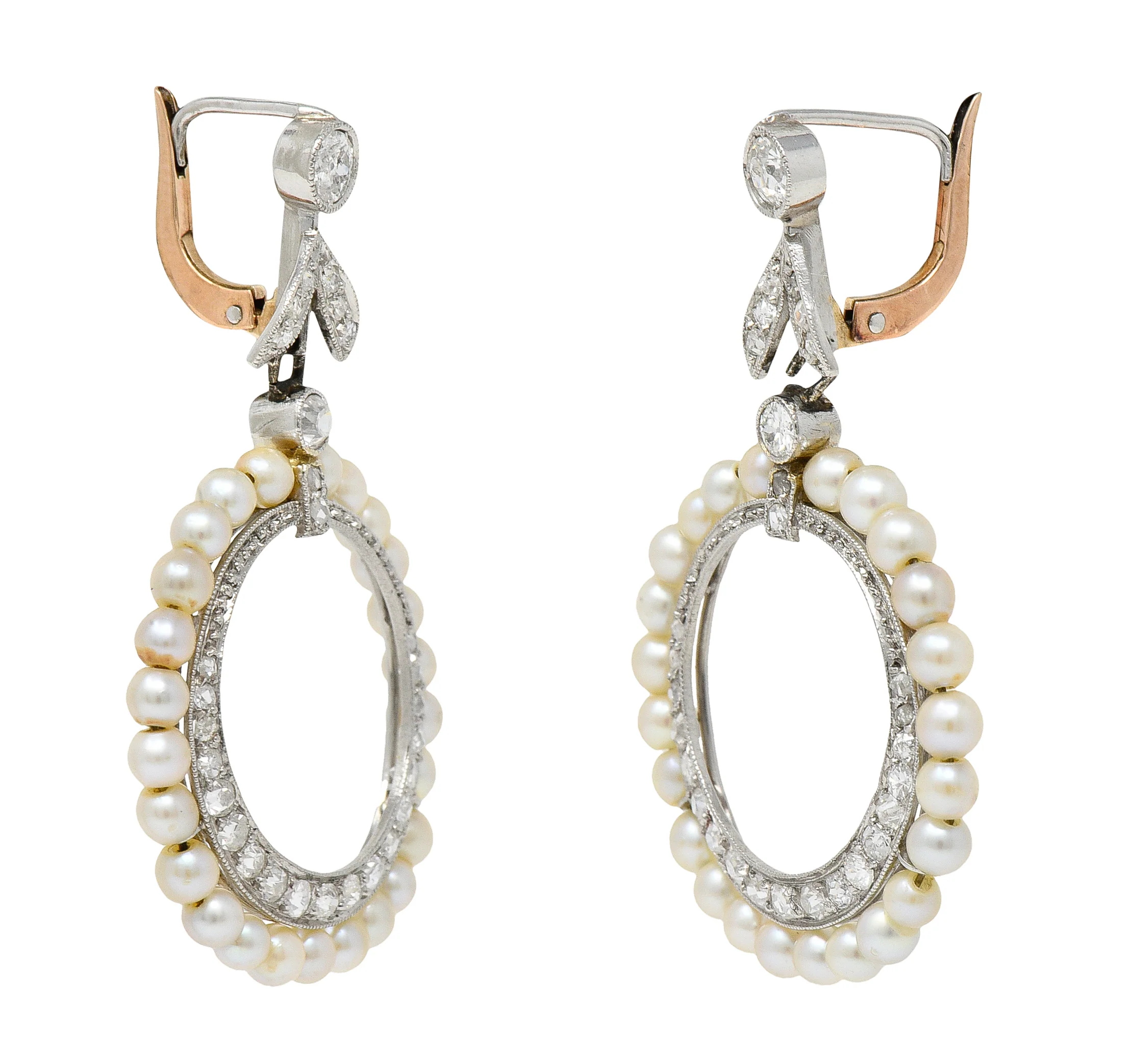 1910 Edwardian Antique Pearl 1.50 CTW Diamond Platinum 14 Karat Gold Leverback Drop Earrings - Image 8