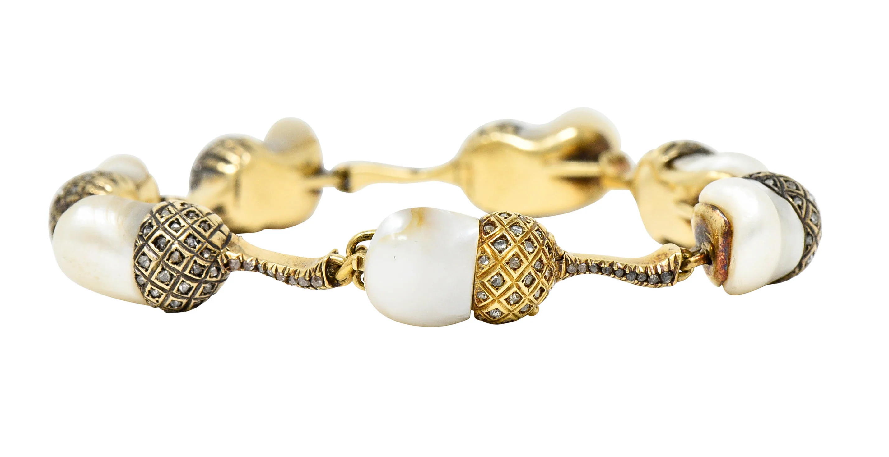 1910 Edwardian Russian Baroque Pearl Diamond 14 Karat Gold Acorn Link Bracelet - Image 10