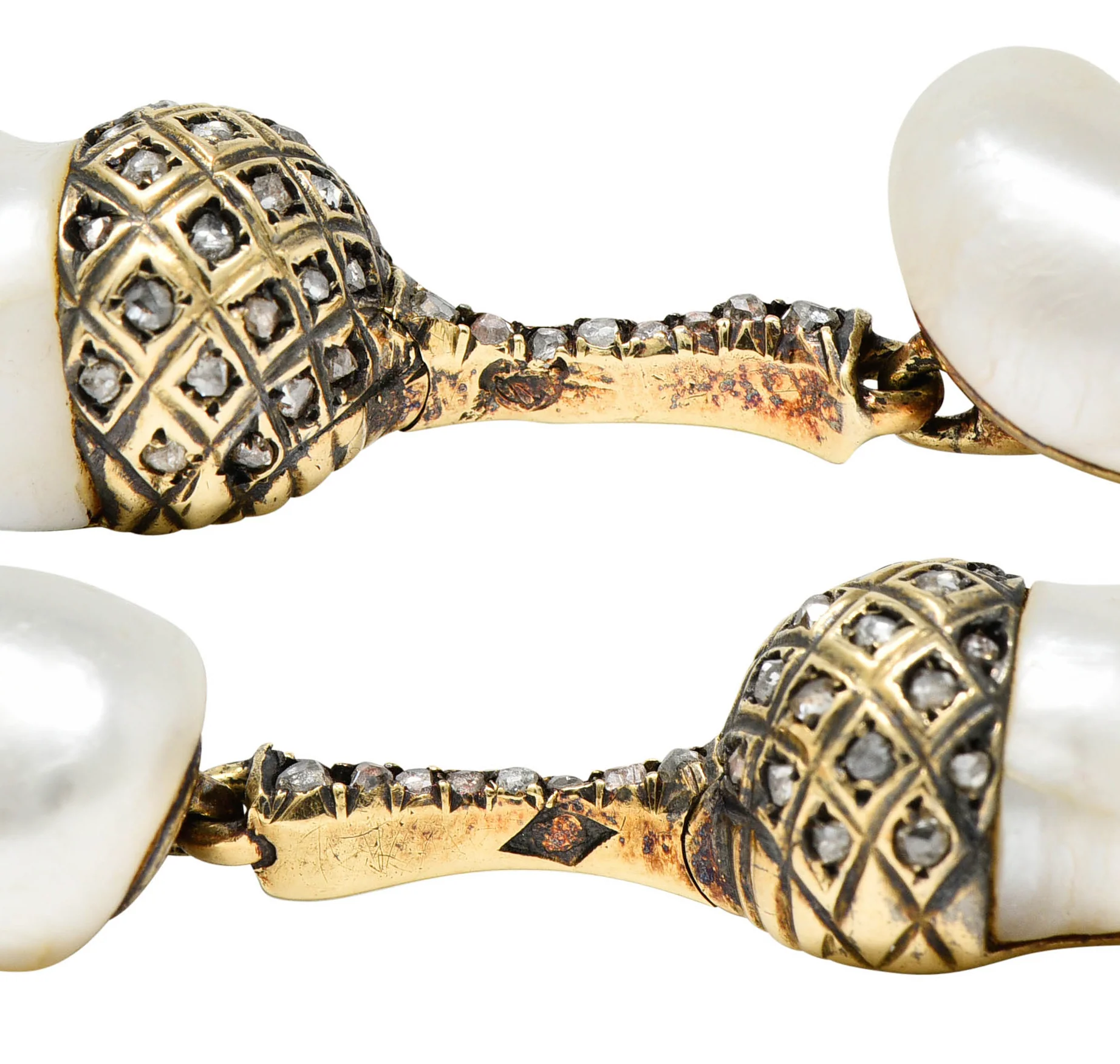 1910 Edwardian Russian Baroque Pearl Diamond 14 Karat Gold Acorn Link Bracelet - Image 11