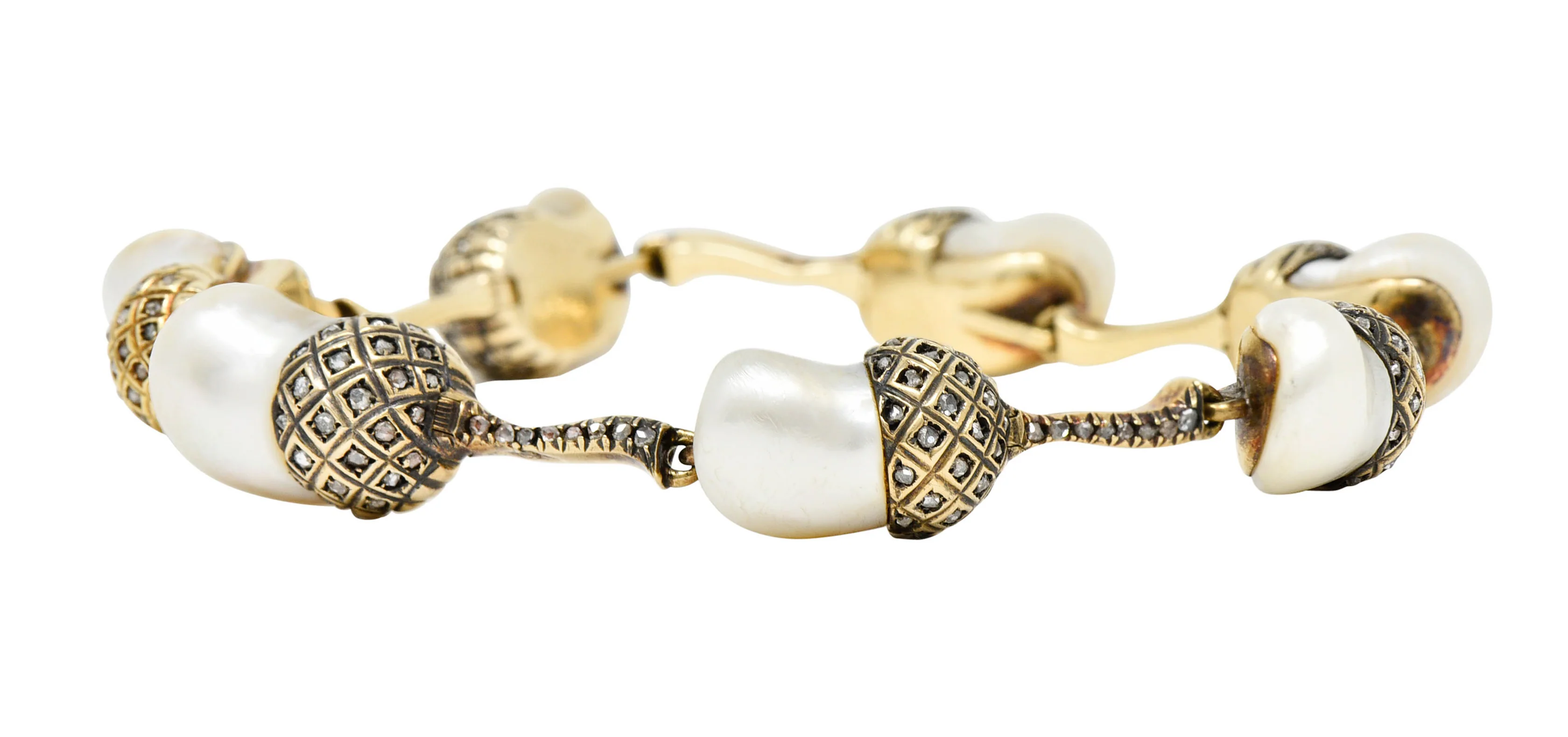1910 Edwardian Russian Baroque Pearl Diamond 14 Karat Gold Acorn Link Bracelet - Image 13