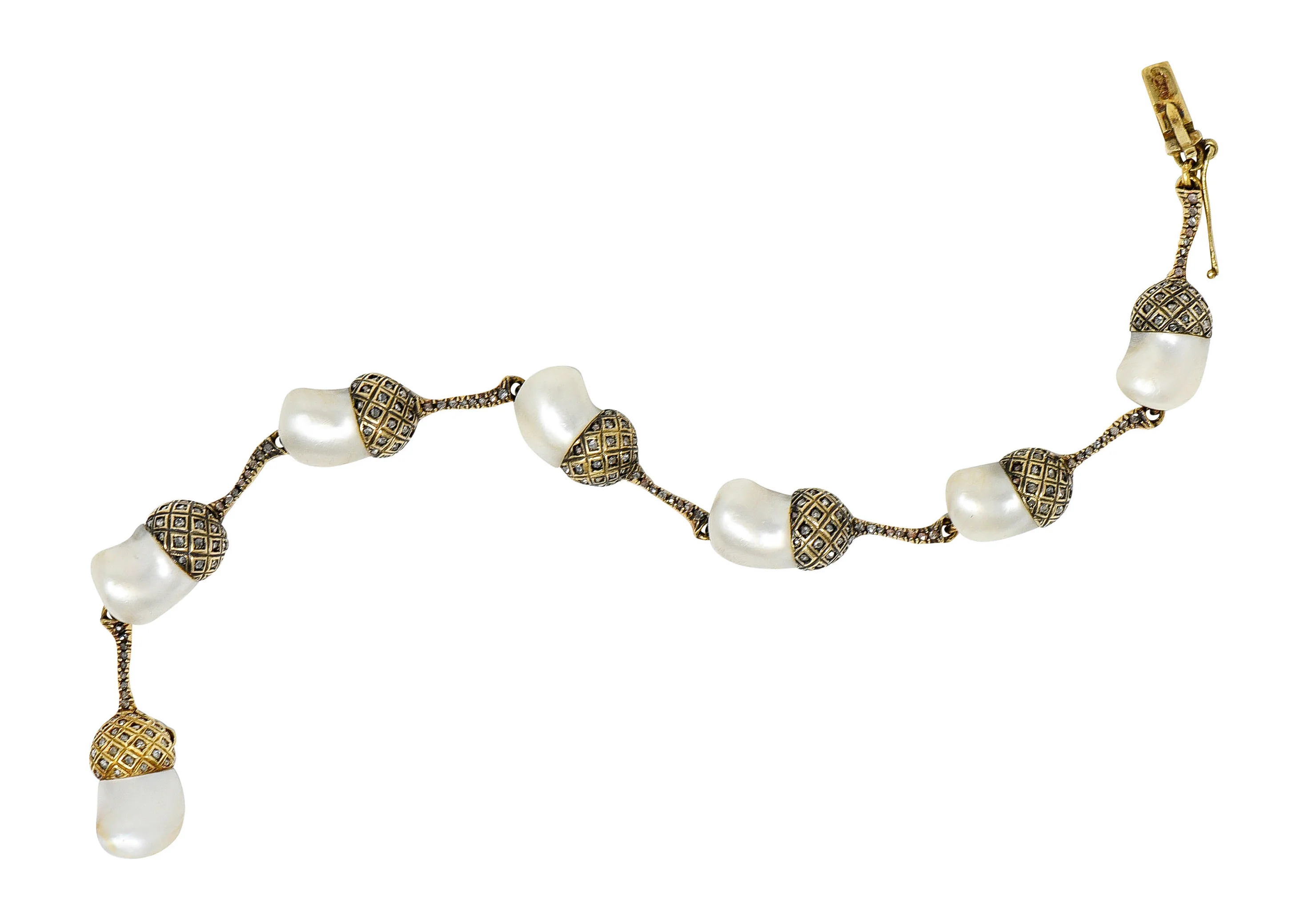 1910 Edwardian Russian Baroque Pearl Diamond 14 Karat Gold Acorn Link Bracelet - Image 14