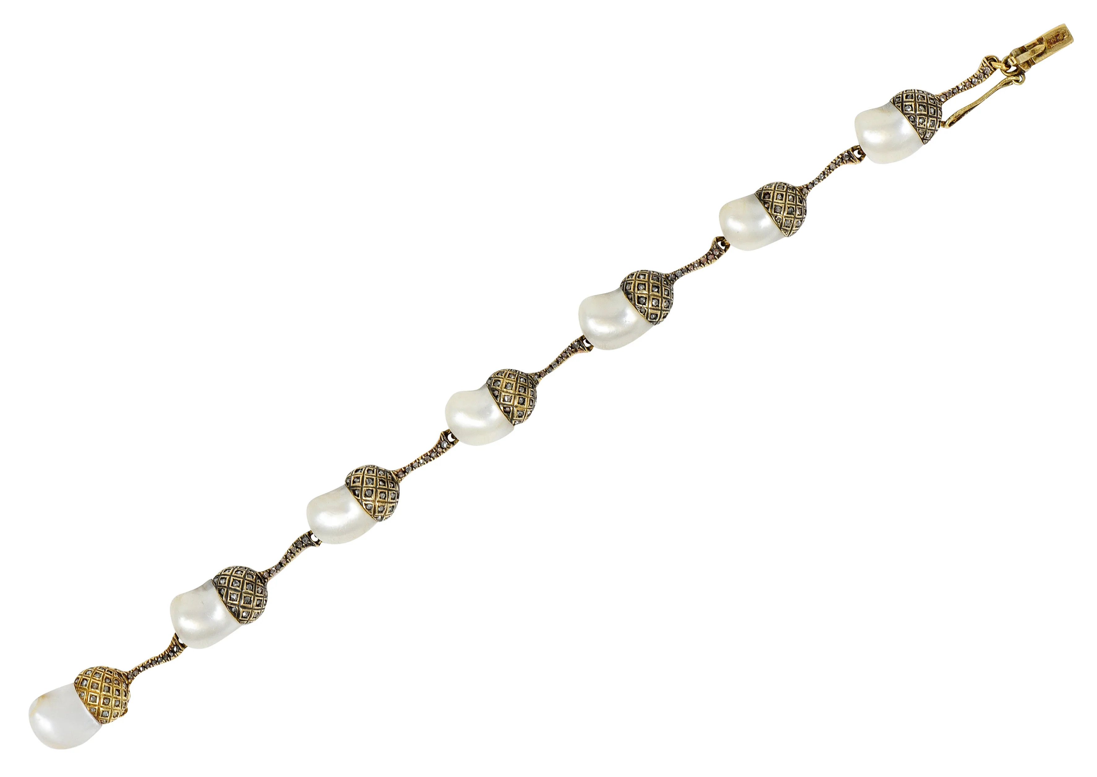 1910 Edwardian Russian Baroque Pearl Diamond 14 Karat Gold Acorn Link Bracelet - Image 2