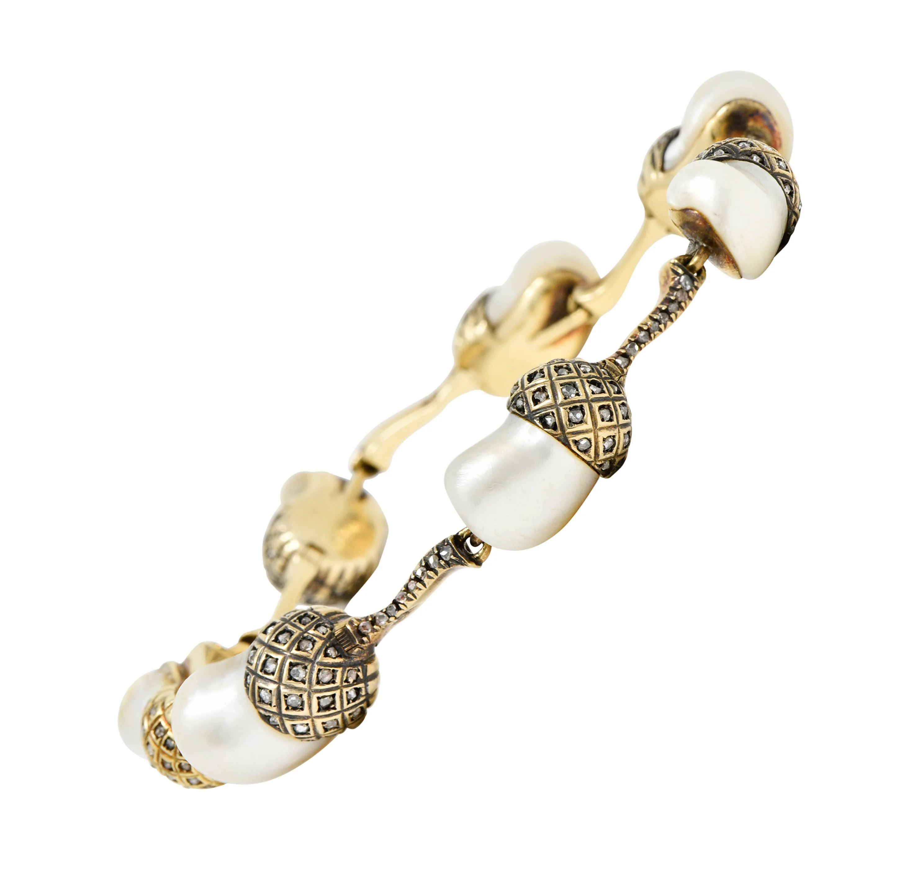 1910 Edwardian Russian Baroque Pearl Diamond 14 Karat Gold Acorn Link Bracelet - Image 3