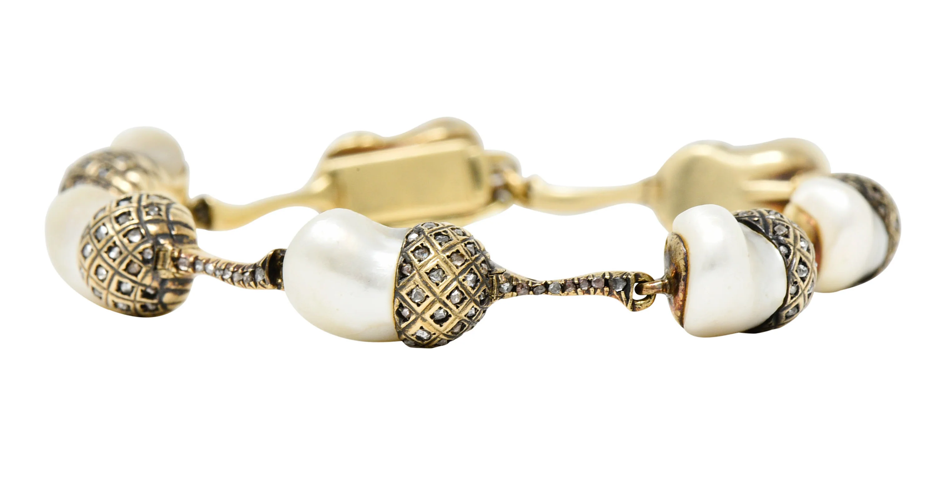 1910 Edwardian Russian Baroque Pearl Diamond 14 Karat Gold Acorn Link Bracelet - Image 4