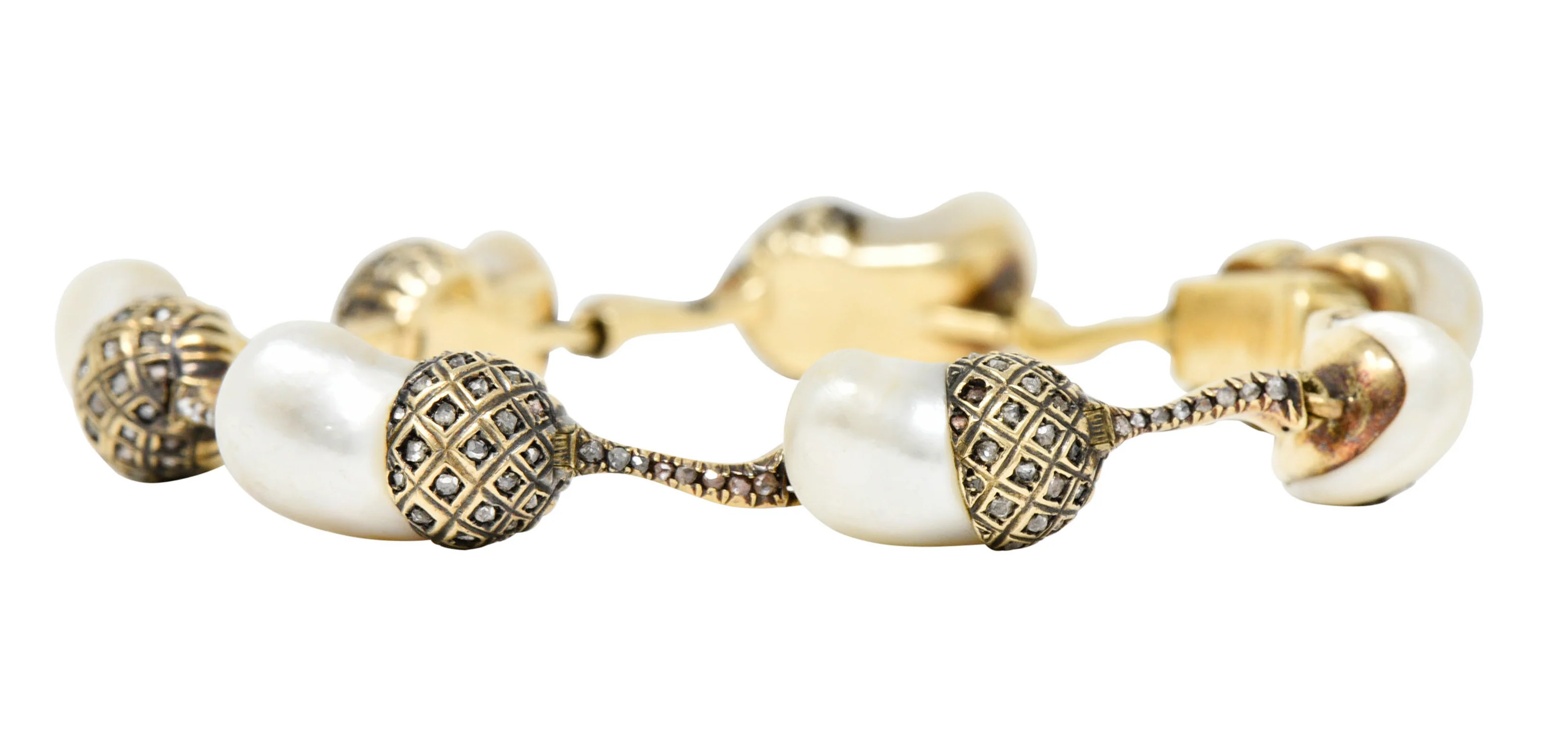 1910 Edwardian Russian Baroque Pearl Diamond 14 Karat Gold Acorn Link Bracelet - Image 5