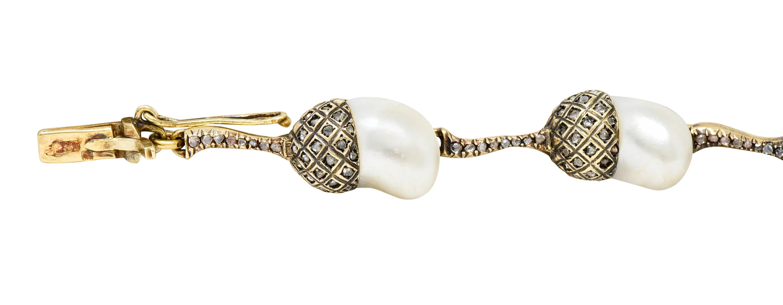 1910 Edwardian Russian Baroque Pearl Diamond 14 Karat Gold Acorn Link Bracelet - Image 6