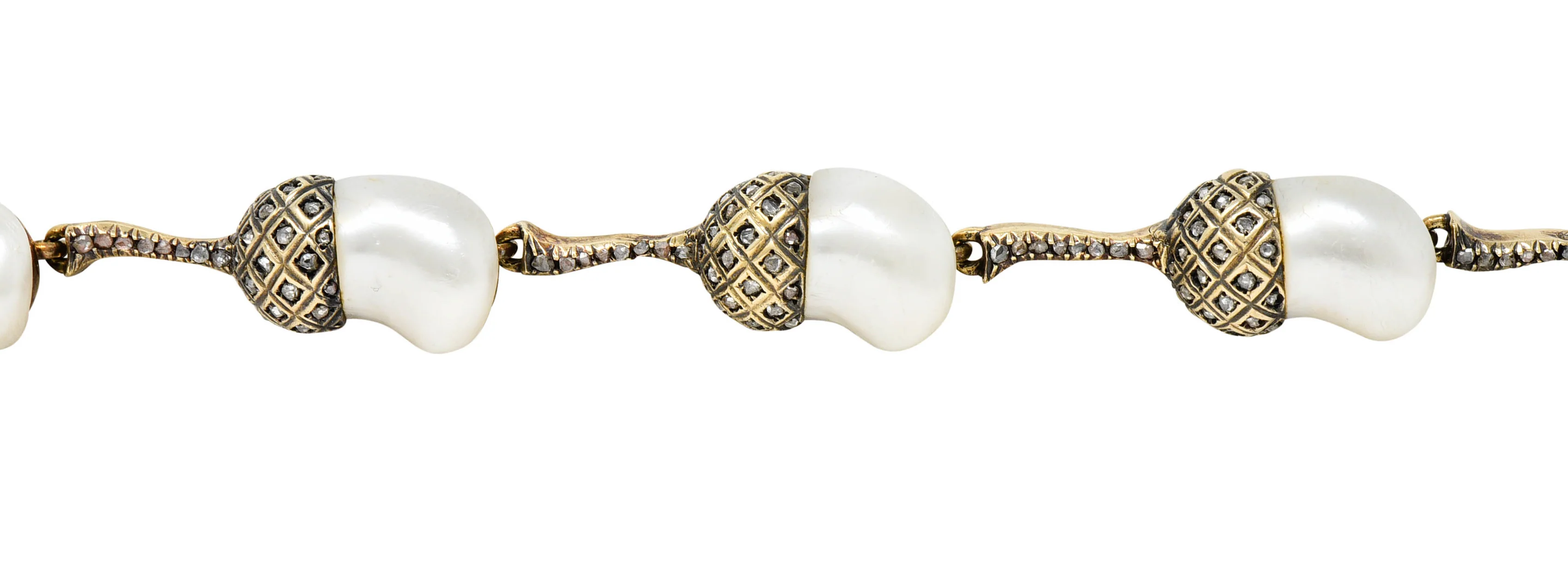 1910 Edwardian Russian Baroque Pearl Diamond 14 Karat Gold Acorn Link Bracelet - Image 7