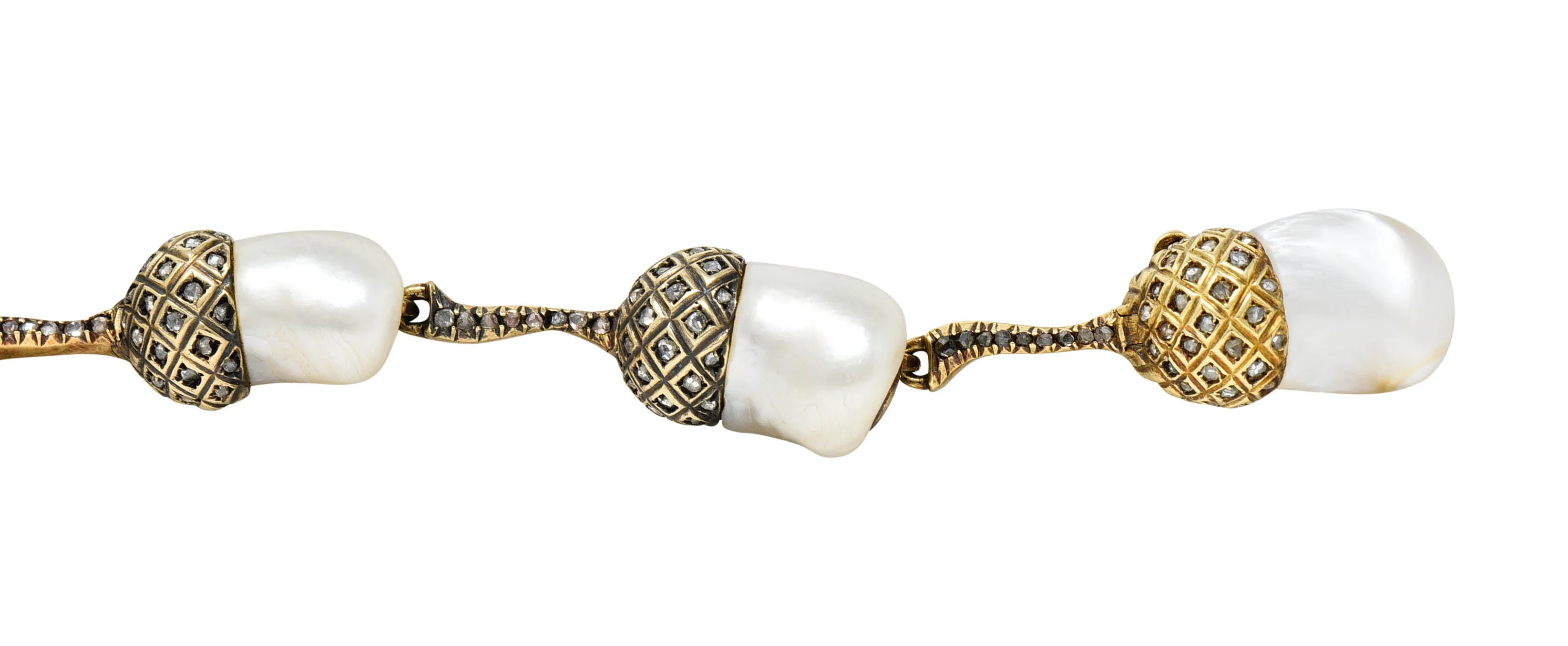 1910 Edwardian Russian Baroque Pearl Diamond 14 Karat Gold Acorn Link Bracelet - Image 8