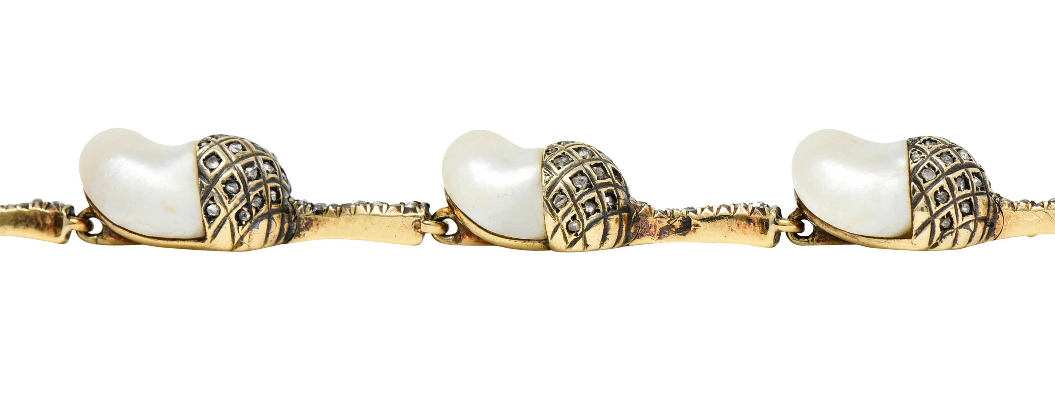 1910 Edwardian Russian Baroque Pearl Diamond 14 Karat Gold Acorn Link Bracelet - Image 9