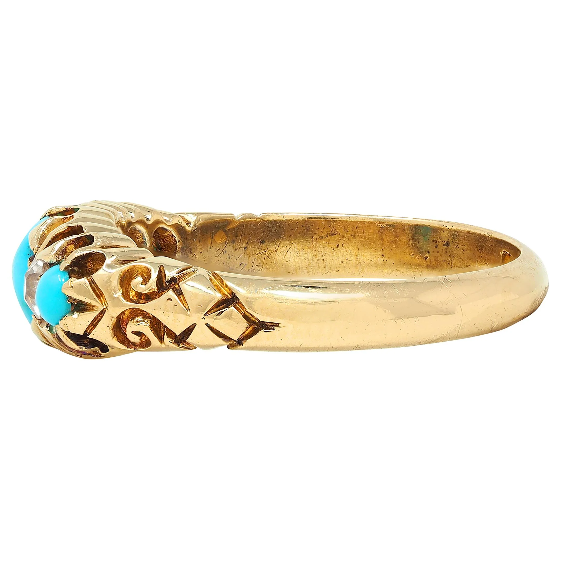 1919 Turquoise Diamond 18 Karat Yellow Gold Antique Five Stone Band Ring - Image 4