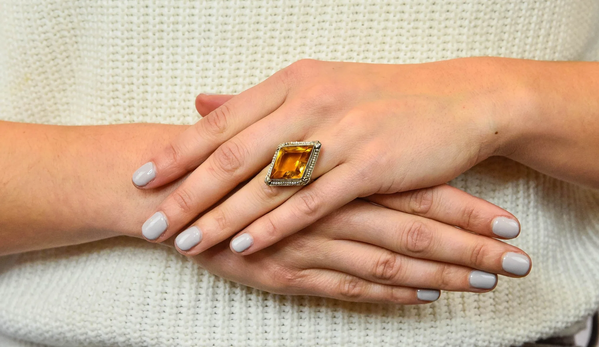 1920 Edwardian Citrine Seed Pearl 18 Karat White Gold Cocktail Ring - Image 10