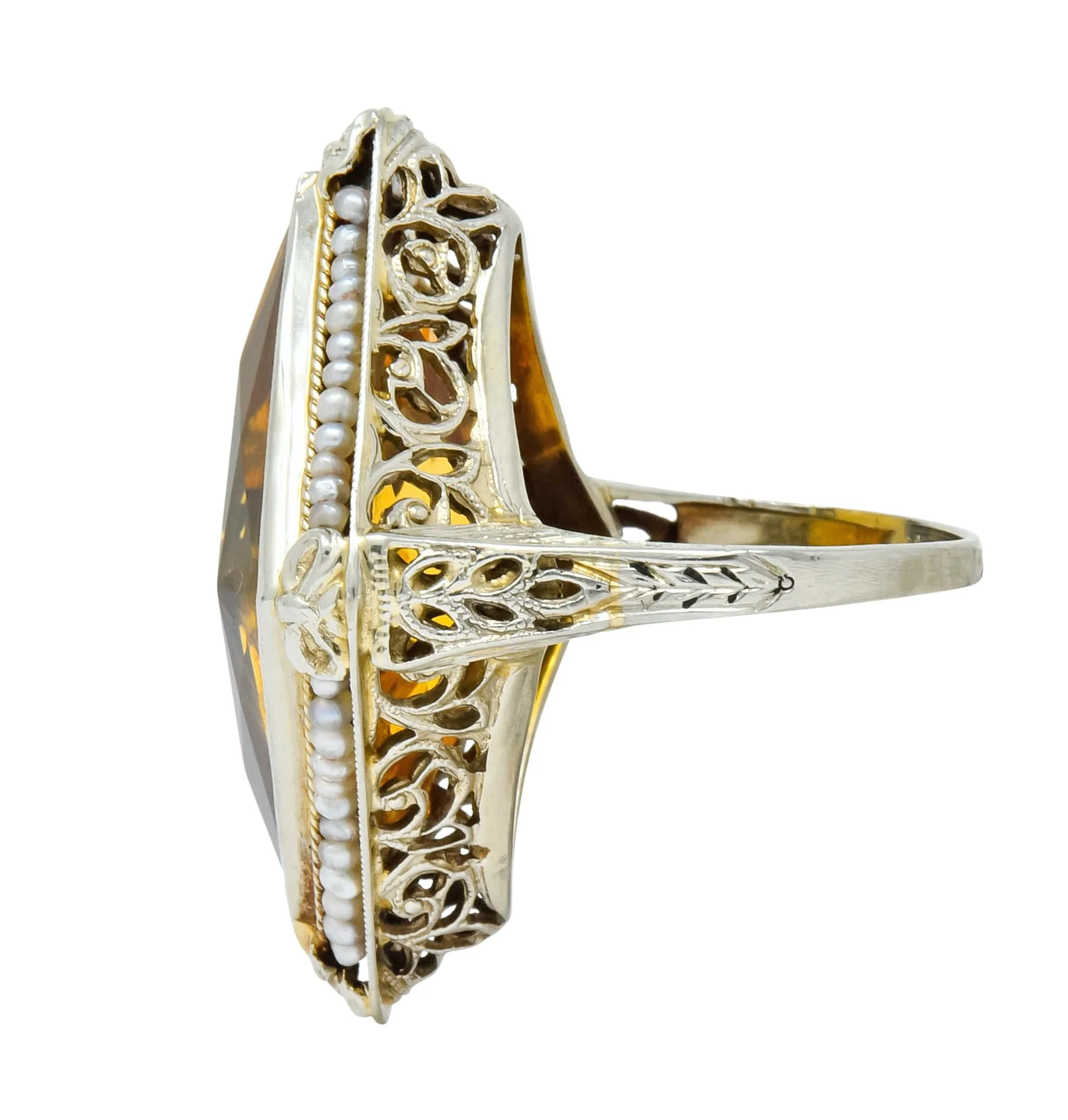 1920 Edwardian Citrine Seed Pearl 18 Karat White Gold Cocktail Ring - Image 5
