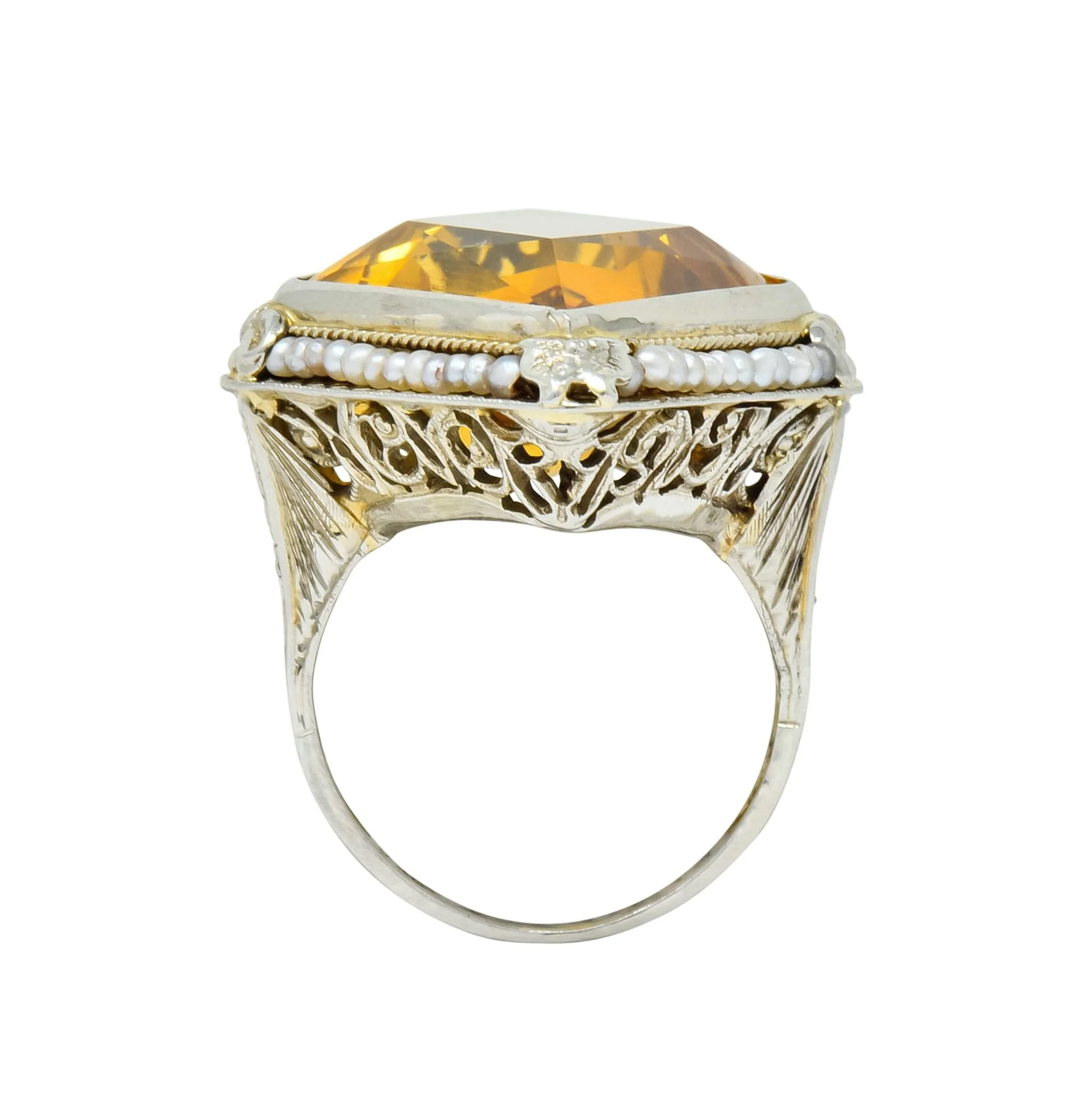 1920 Edwardian Citrine Seed Pearl 18 Karat White Gold Cocktail Ring - Image 7