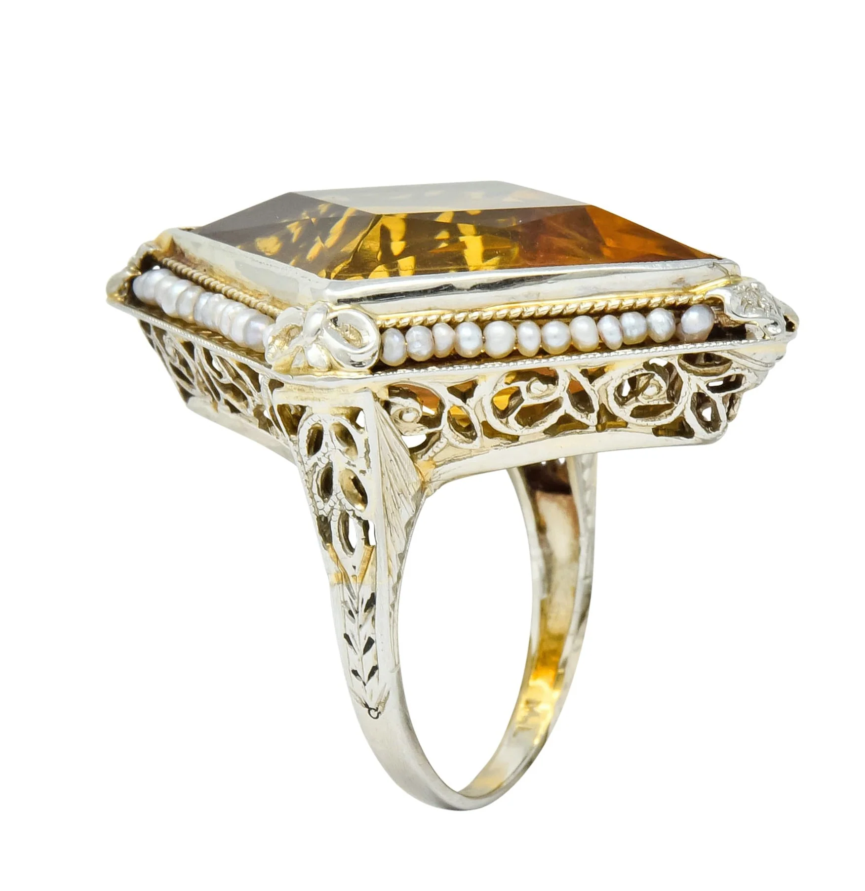 1920 Edwardian Citrine Seed Pearl 18 Karat White Gold Cocktail Ring - Image 8