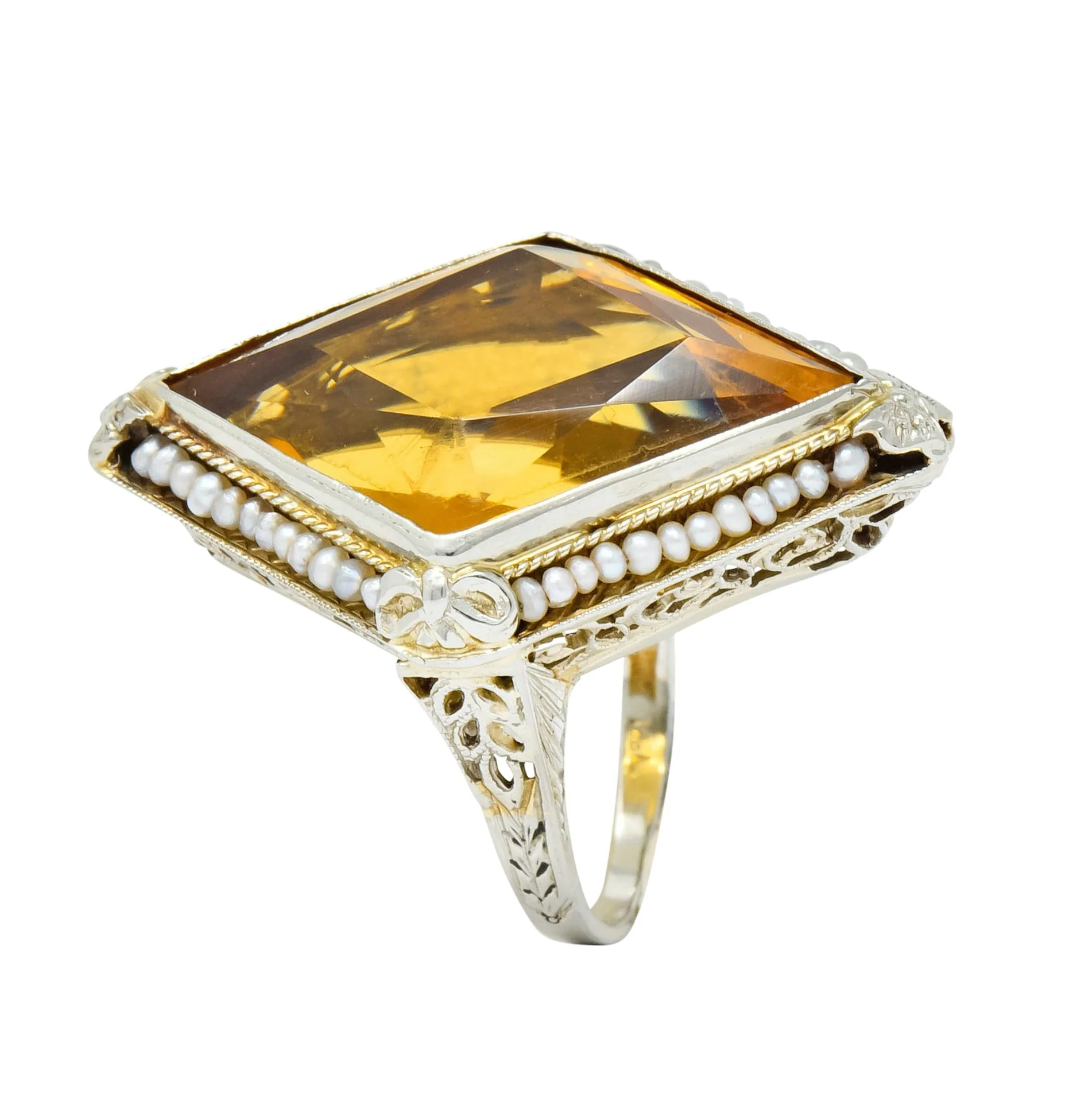 1920 Edwardian Citrine Seed Pearl 18 Karat White Gold Cocktail Ring - Image 9