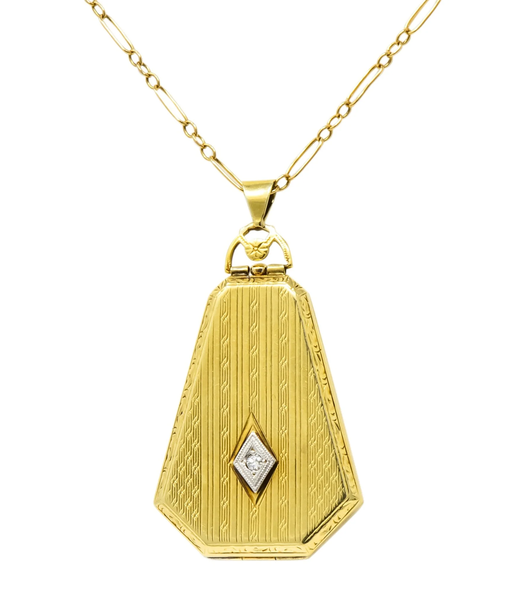 1920’s Art Deco Diamond 14 Karat Gold Locket Pendant Necklace