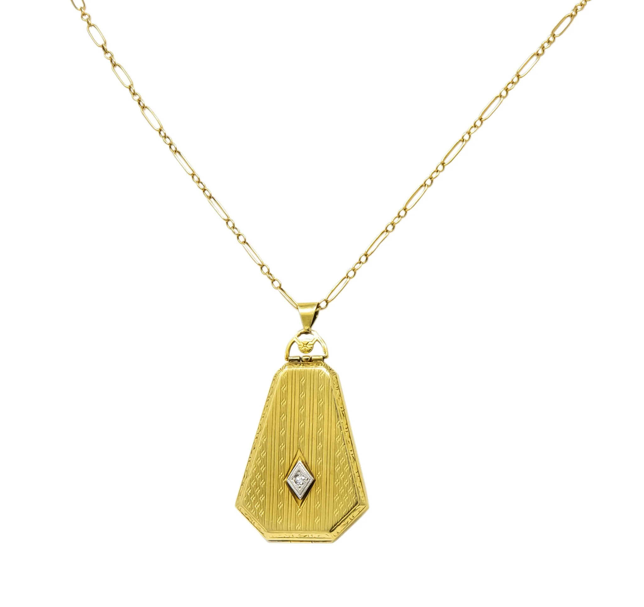 1920’s Art Deco Diamond 14 Karat Gold Locket Pendant Necklace - Image 3
