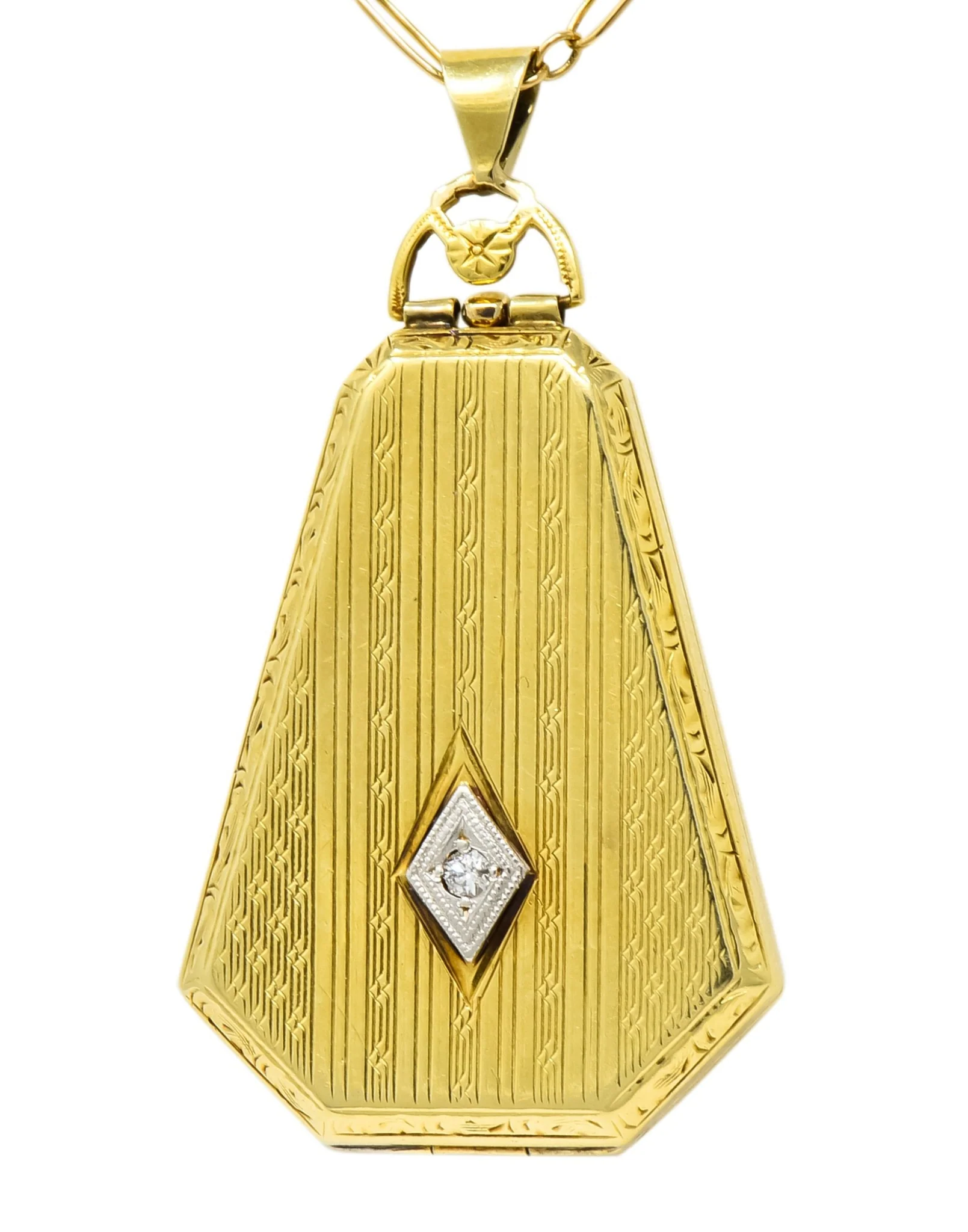 1920’s Art Deco Diamond 14 Karat Gold Locket Pendant Necklace - Image 4