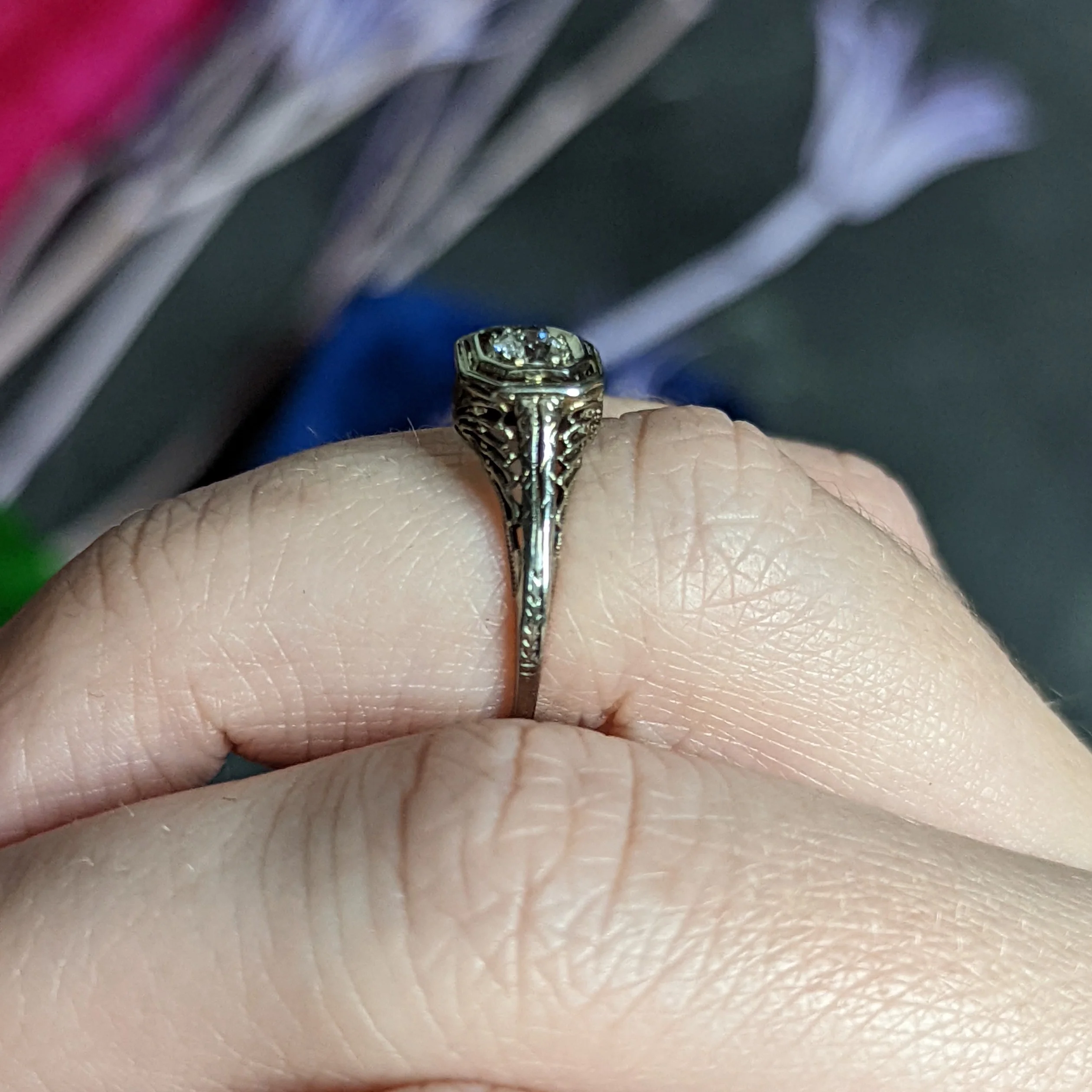 1920's Art Deco 0.20 CTW Diamond 18 Karat White Gold Pierced Butterfly Engagement Ring - Image 11