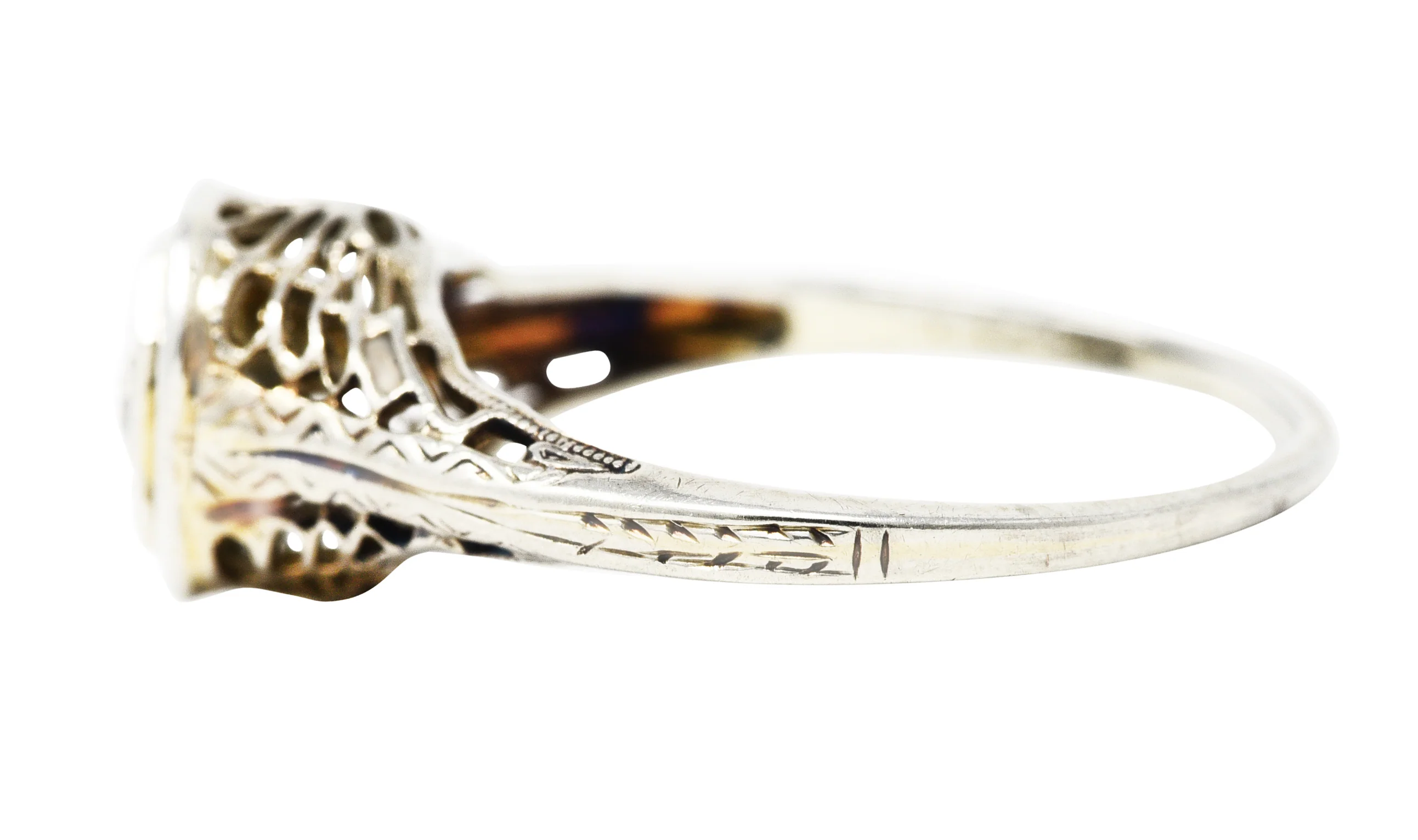 1920's Art Deco 0.20 CTW Diamond 18 Karat White Gold Pierced Butterfly Engagement Ring - Image 5