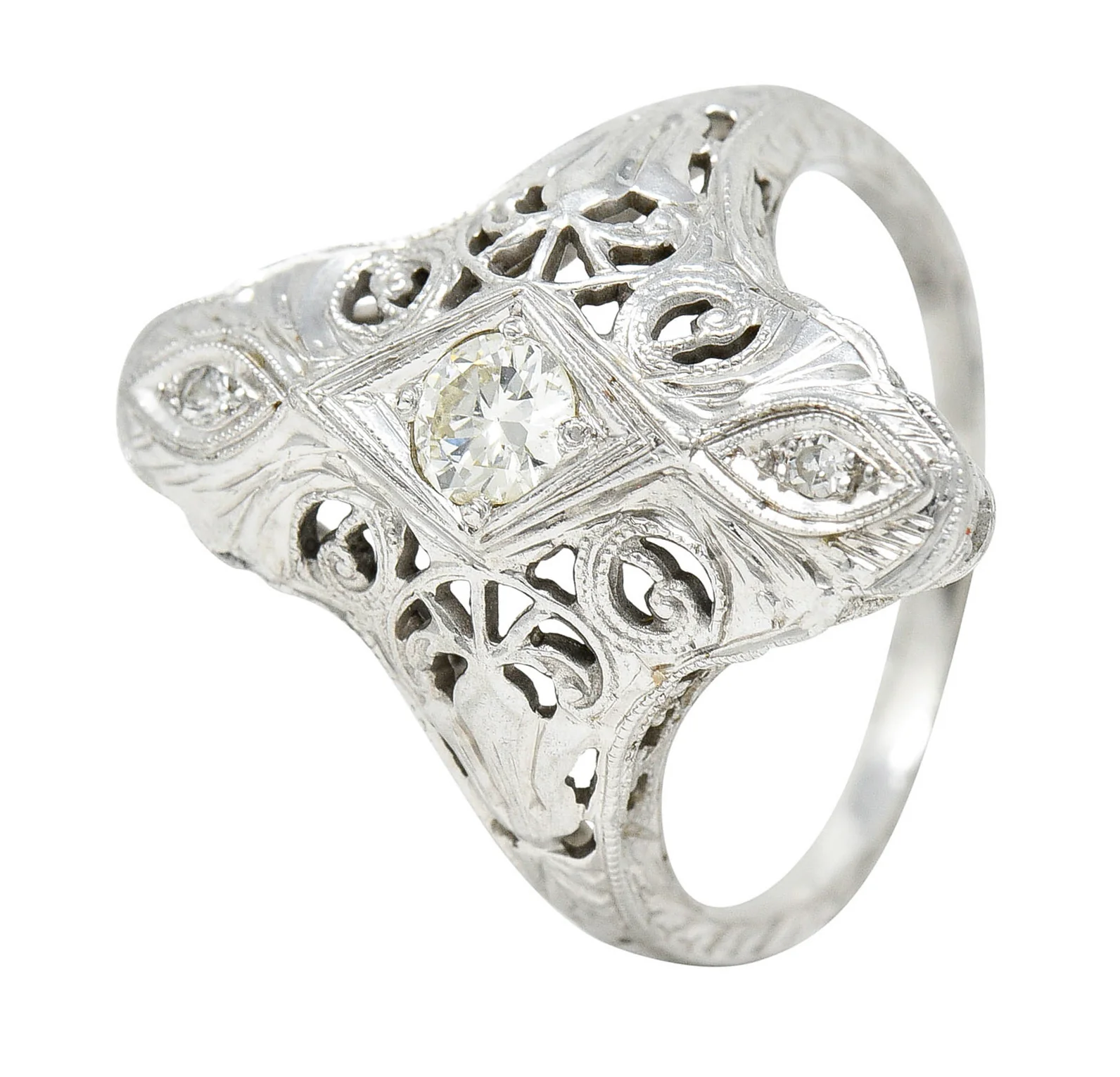1920's Art Deco 0.30 CTW Diamond 18 Karat White Gold Lotus Dinner Ring - Image 8