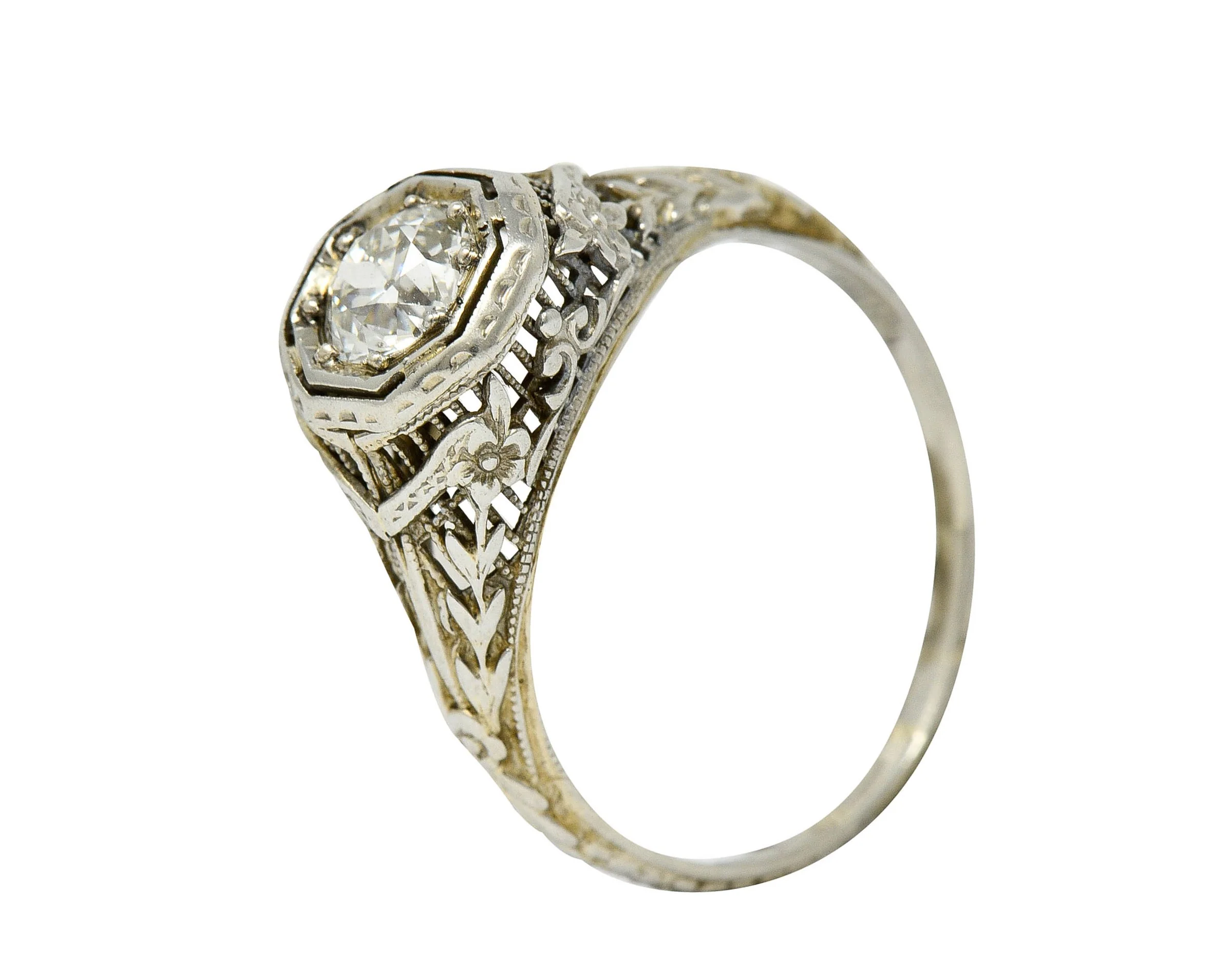 1920's Art Deco 0.50 CTW Diamond 18 Karat White Gold Floral Engagement Ring - Image 11