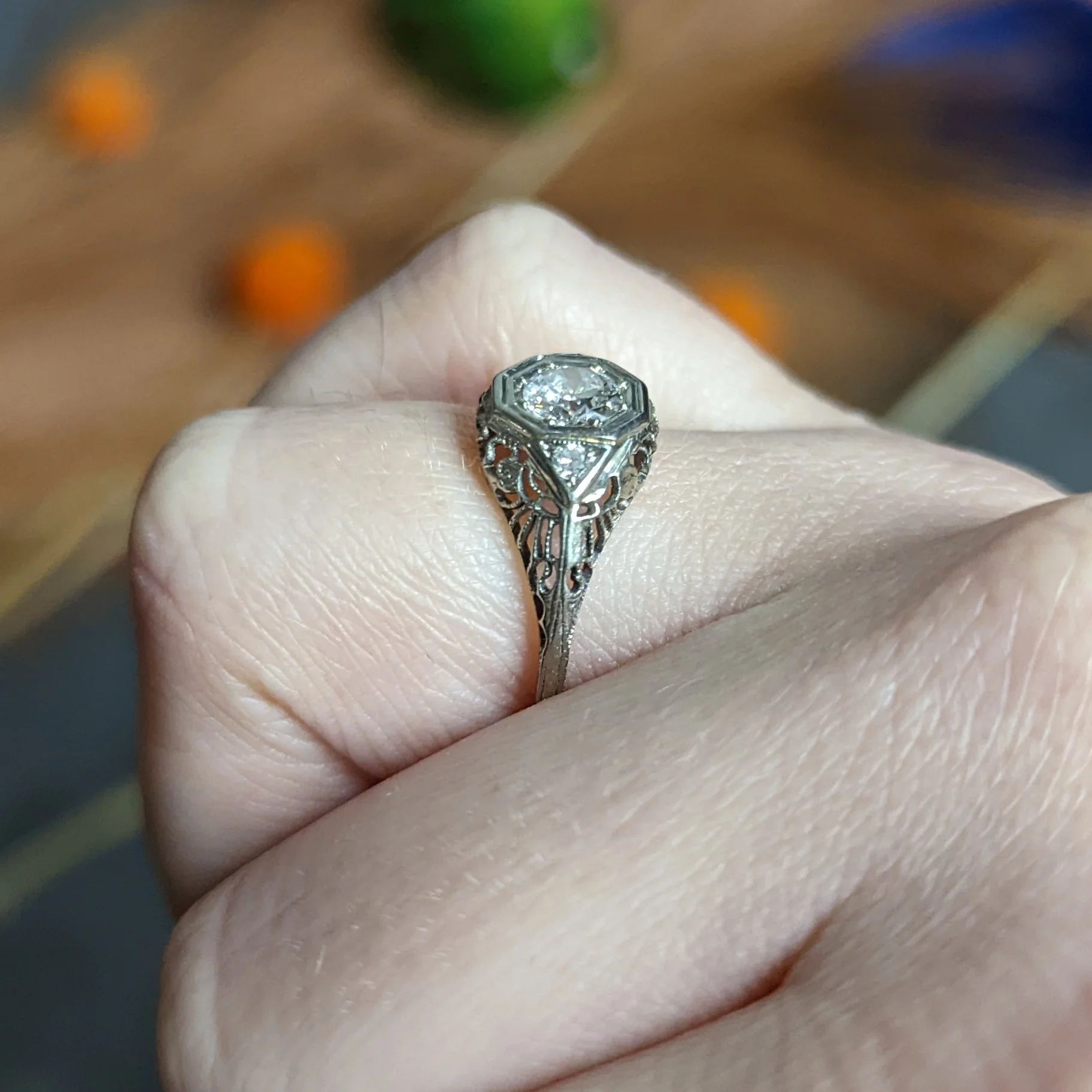 1920's Art Deco 0.57 CTW Diamond 18 Karat White Gold Bombe Engagement Ring - Image 11