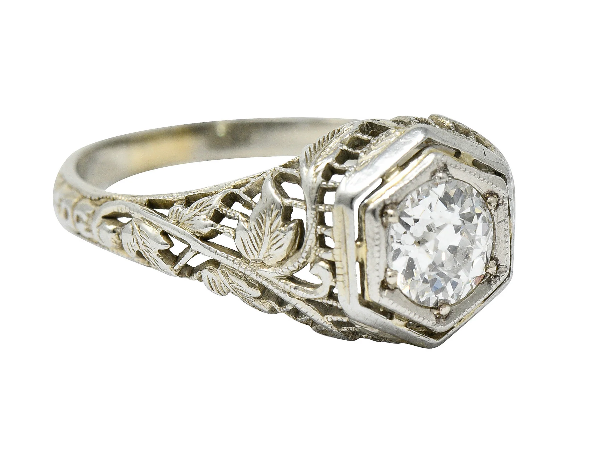 1920's Art Deco 0.62 CTW Diamond 18 Karat White Gold Hexagonal Engagement Ring - Image 2
