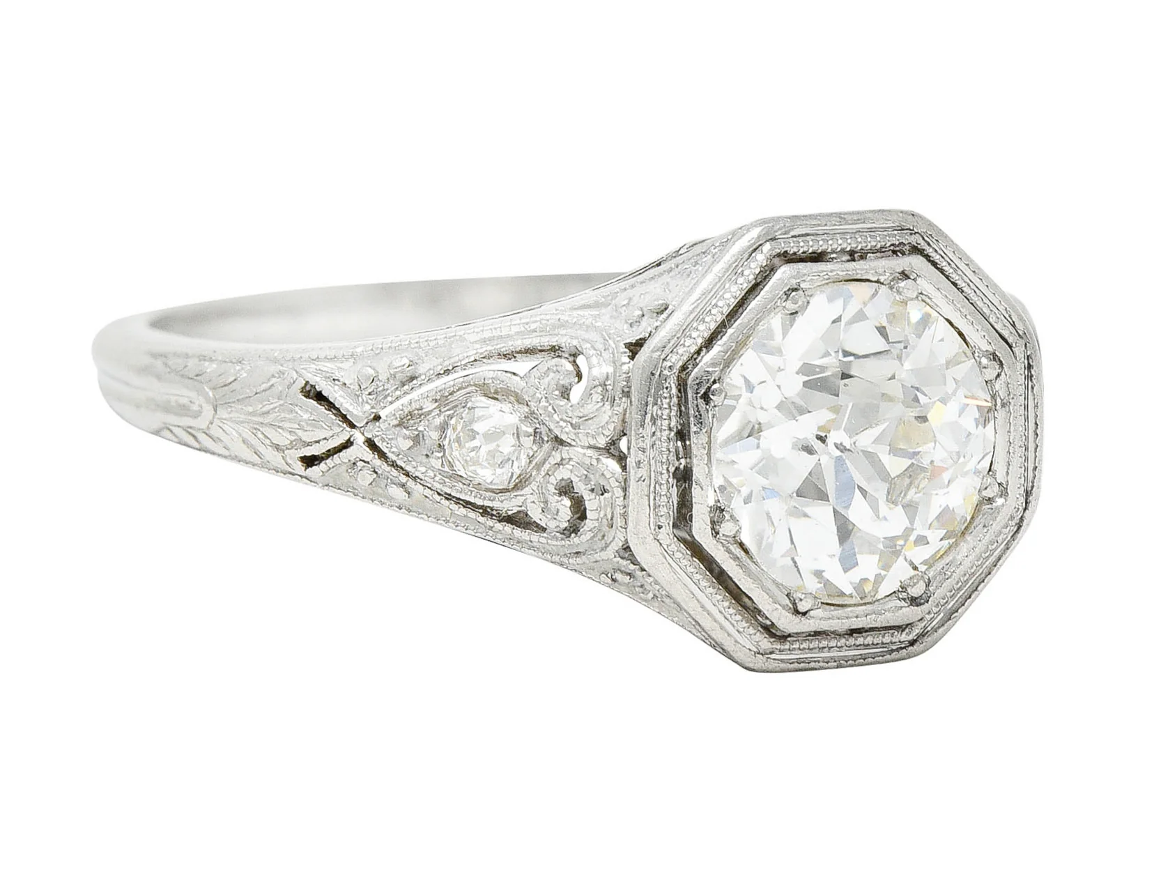 1920's Art Deco 1.27 CTW Diamond Platinum Scrolling Heart Engagement Ring - Image 2