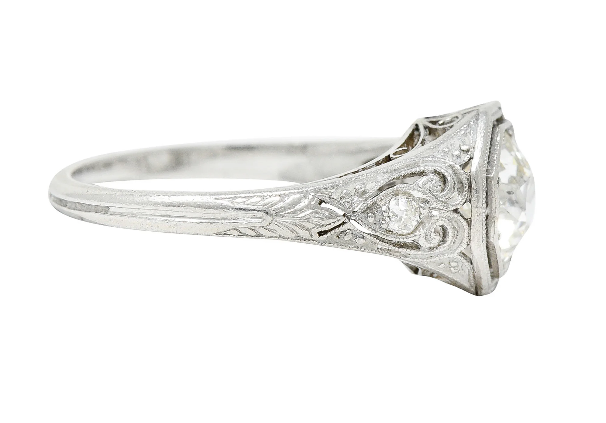 1920's Art Deco 1.27 CTW Diamond Platinum Scrolling Heart Engagement Ring - Image 3