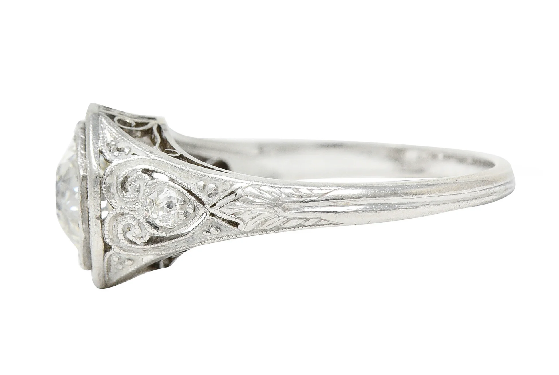 1920's Art Deco 1.27 CTW Diamond Platinum Scrolling Heart Engagement Ring - Image 5