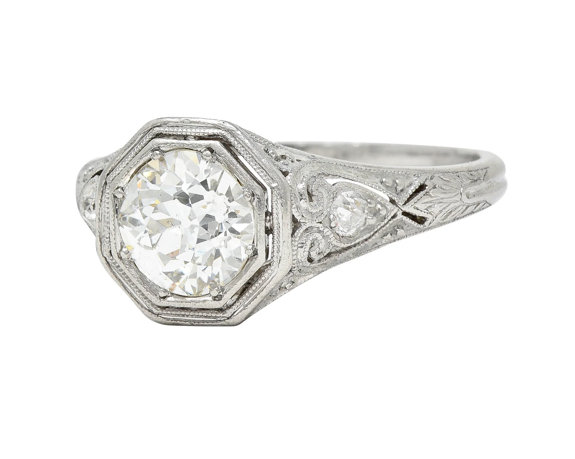 1920's Art Deco 1.27 CTW Diamond Platinum Scrolling Heart Engagement Ring - Image 6