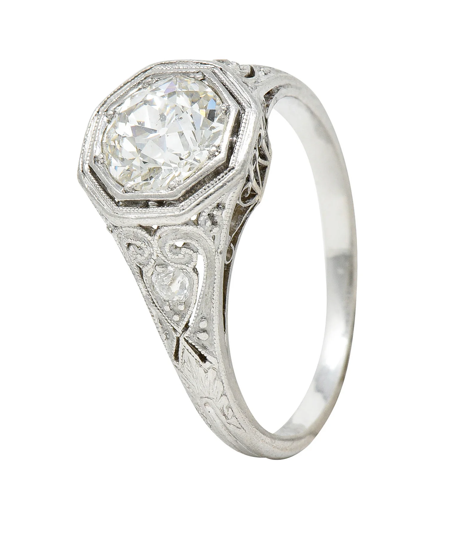 1920's Art Deco 1.27 CTW Diamond Platinum Scrolling Heart Engagement Ring - Image 7
