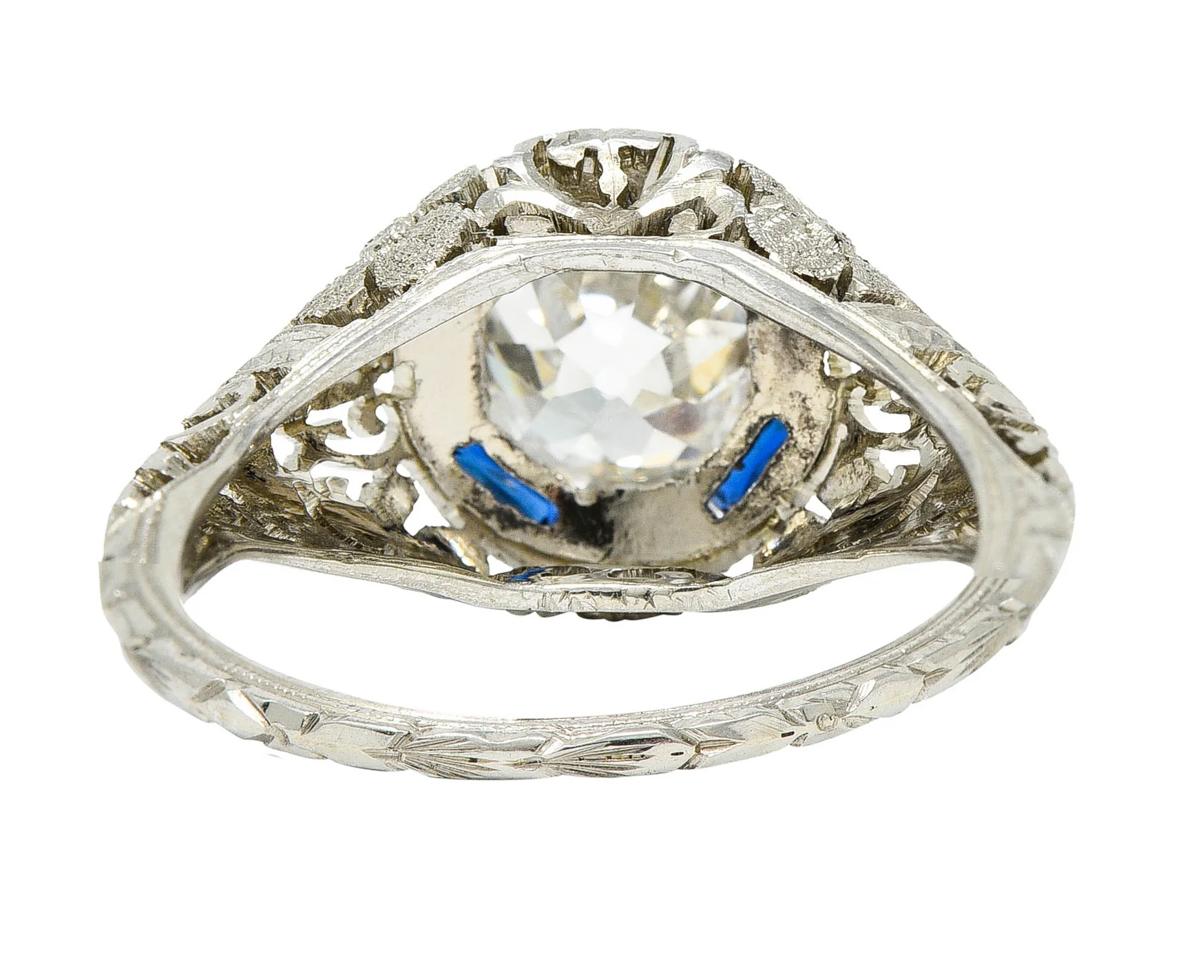 1920's Art Deco 1.76 CTW Diamond Sapphire 18 Karat White Gold Floral Antique Engagement Ring - Image 4