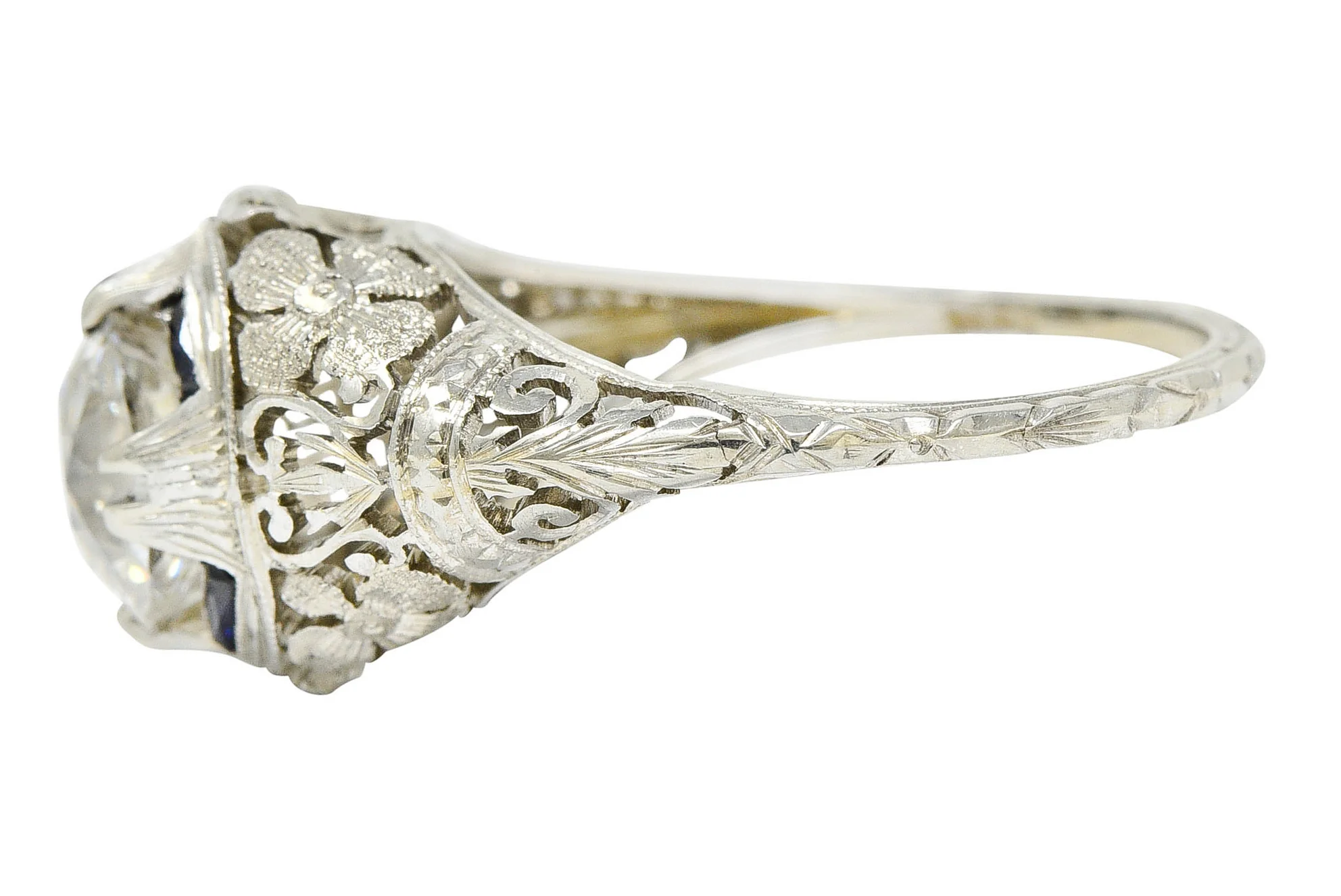1920's Art Deco 1.76 CTW Diamond Sapphire 18 Karat White Gold Floral Antique Engagement Ring - Image 5