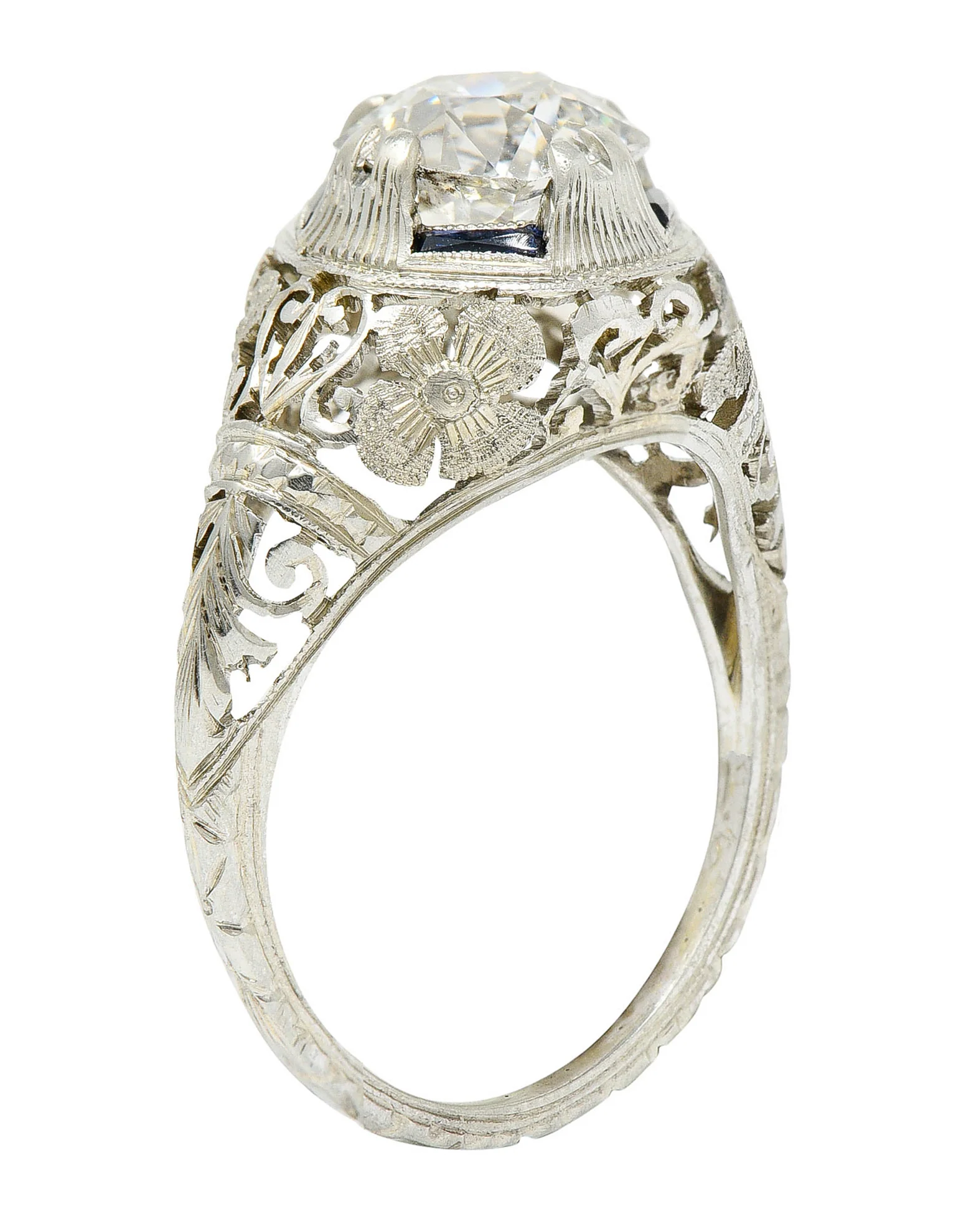 1920's Art Deco 1.76 CTW Diamond Sapphire 18 Karat White Gold Floral Antique Engagement Ring - Image 9