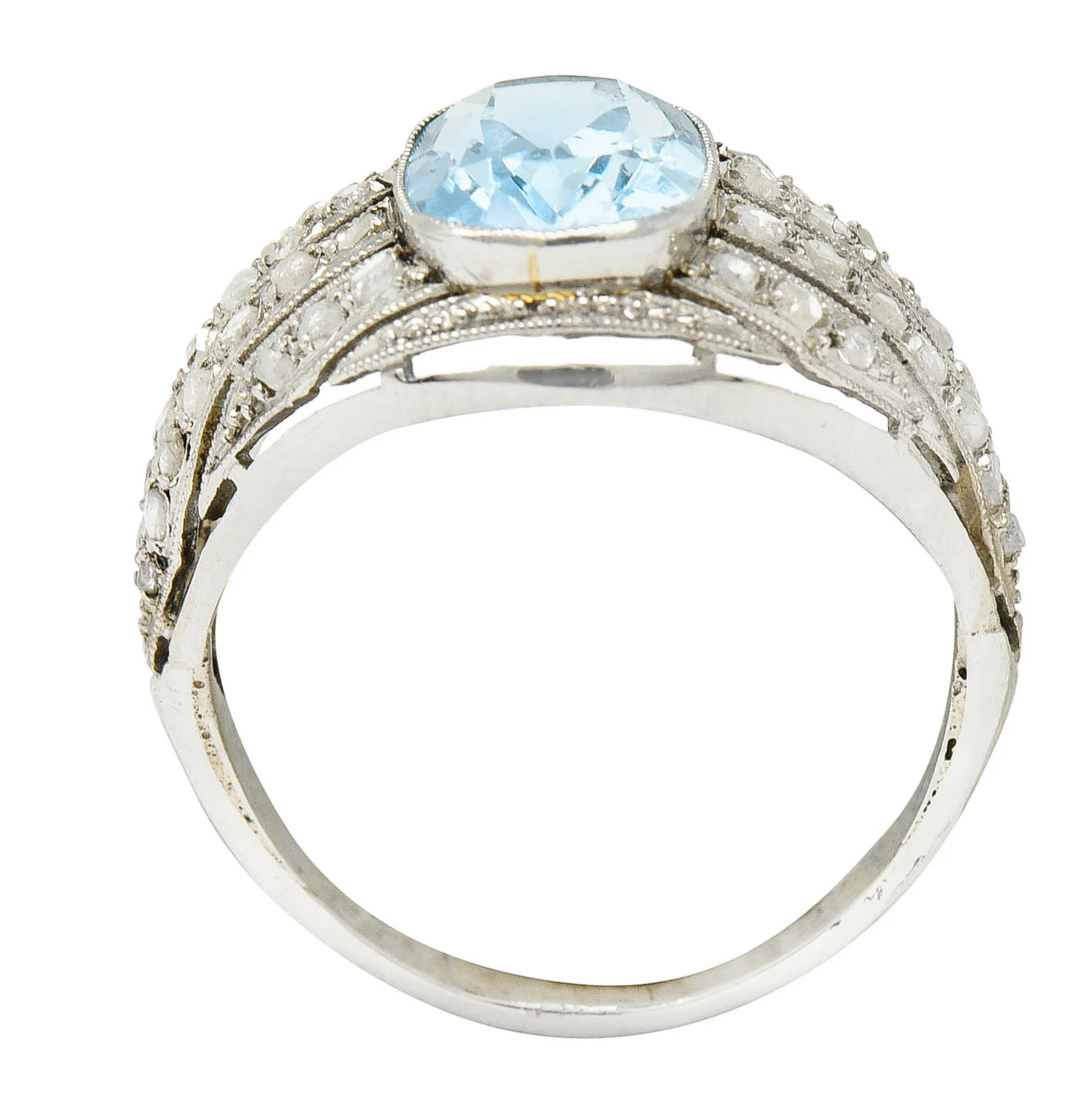 1920's Art Deco Aquamarine Diamond Platinum Bombe Band Ring - Image 7